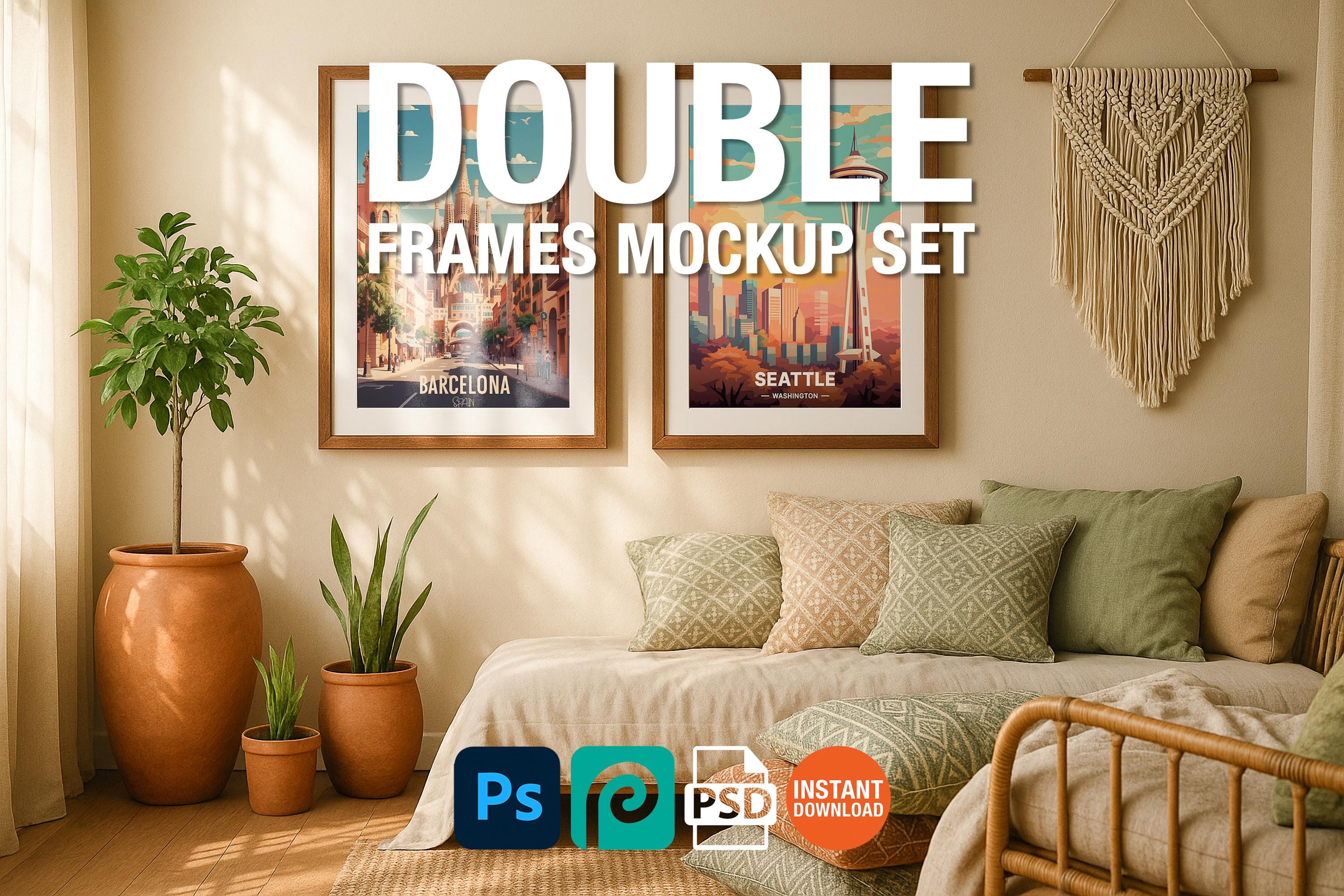 2 Frame Mockup Boho Living Room Poster Display Double Wooden Wall Art PSD Digital