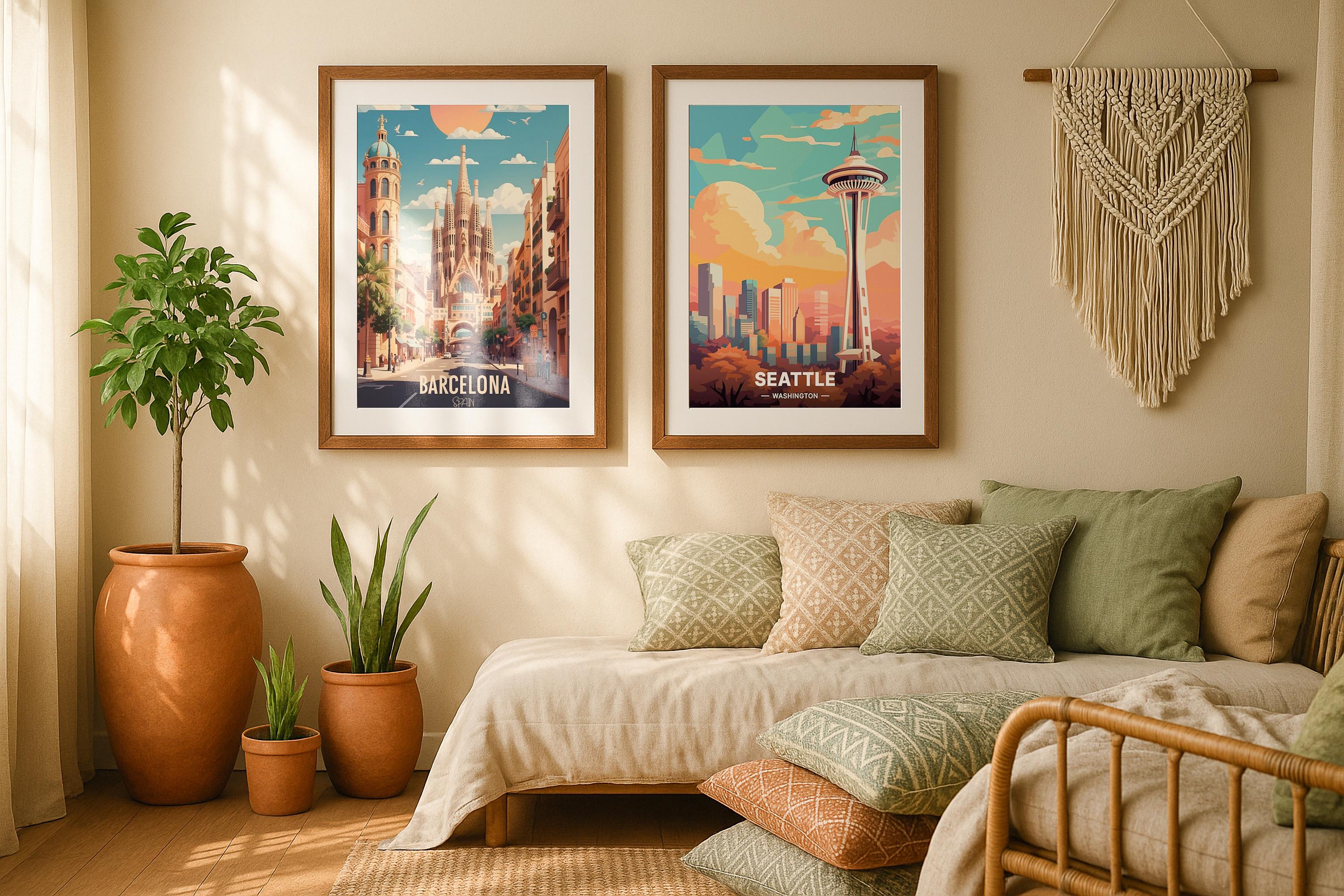 2 Frame Mockup Boho Living Room Poster Display Double Wooden Wall Art PSD Digital