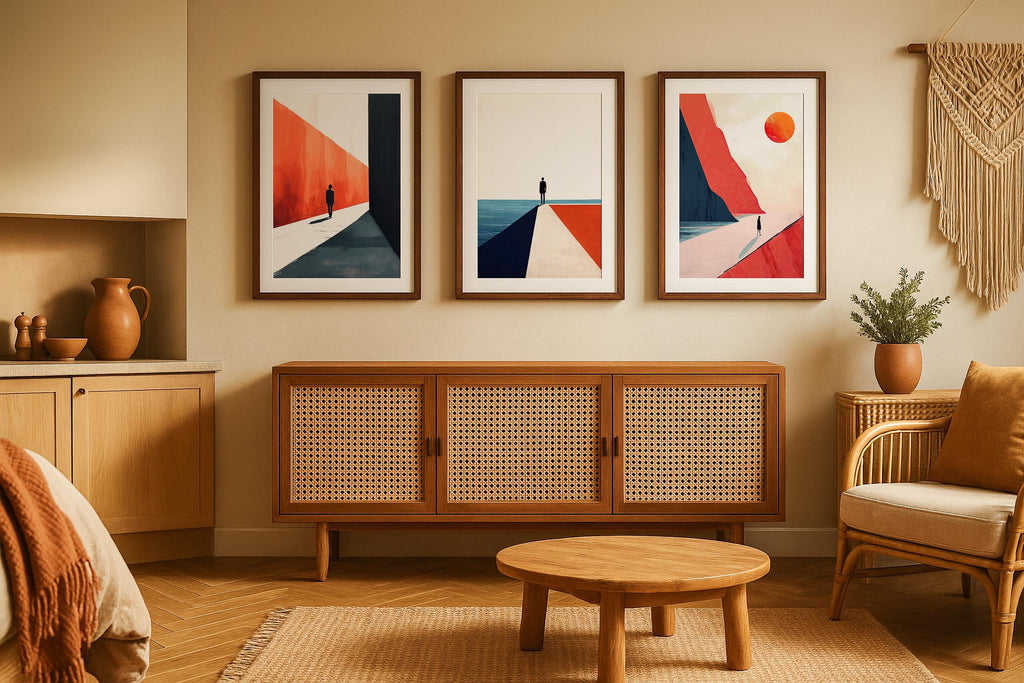 Triple Frame Mockup Boho Living Room Poster Display Wooden Wall Art Digital PSD