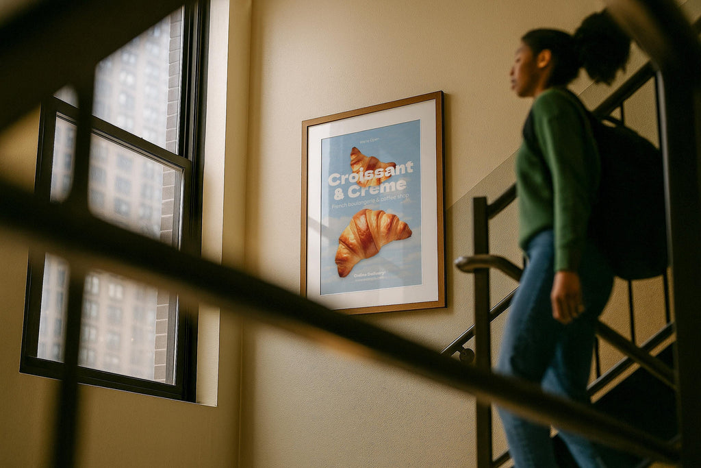 Single Frame Mockup Urban Lifestyle Stairwell Poster Display Wooden Wall Art PSD Digital
