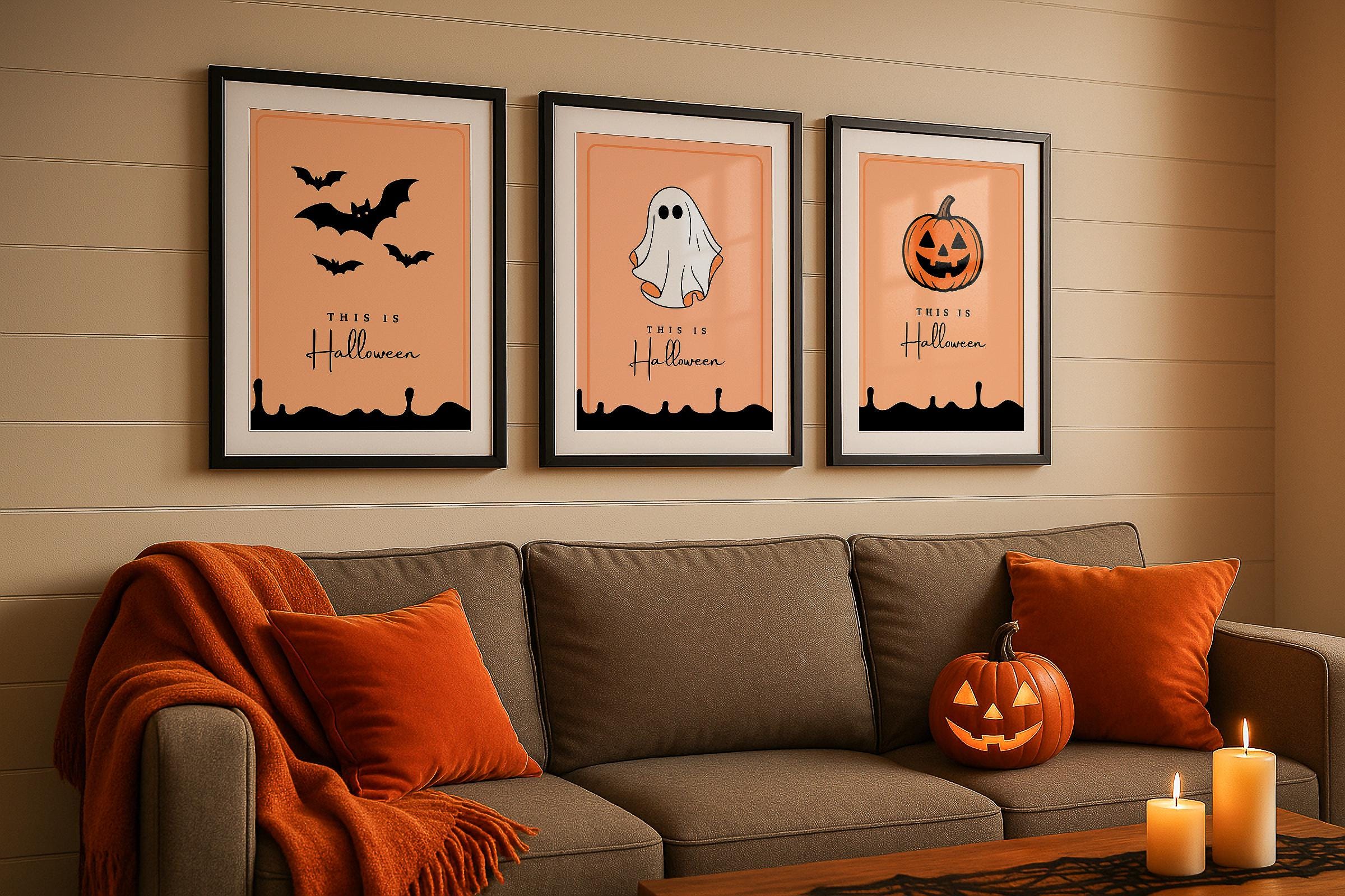 Halloween Triple Frame Mockup Living Room Wall Art Poster Display Autumn Digital PSD