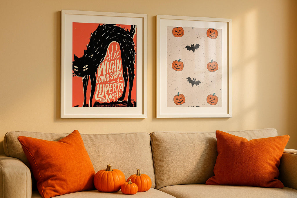 Cozy Fall Mockup Double Frame Wall Art Poster Display Pumpkin Halloween Decor Digital PSD