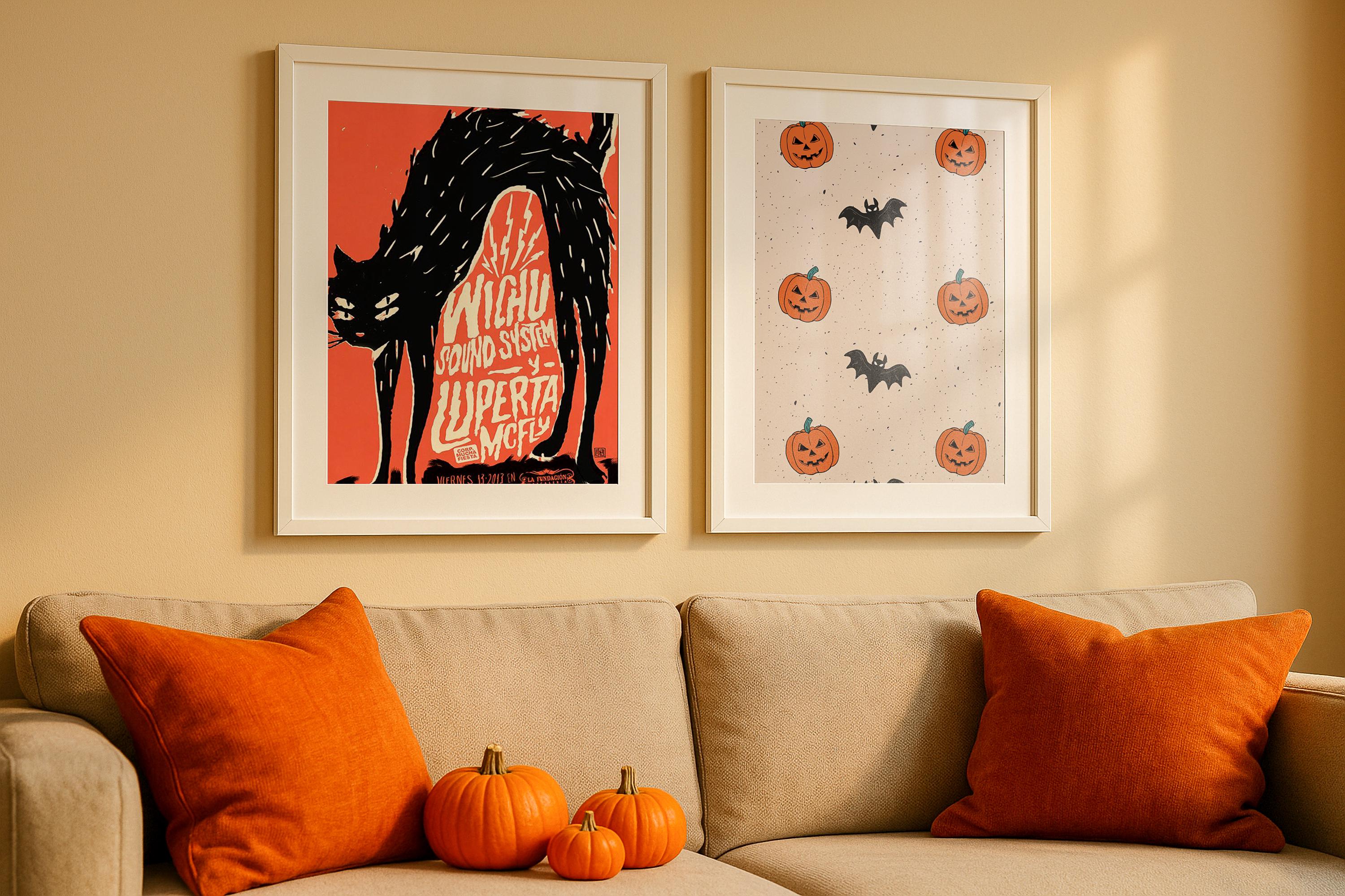 Cozy Fall Mockup Double Frame Wall Art Poster Display Pumpkin Halloween Decor Digital PSD