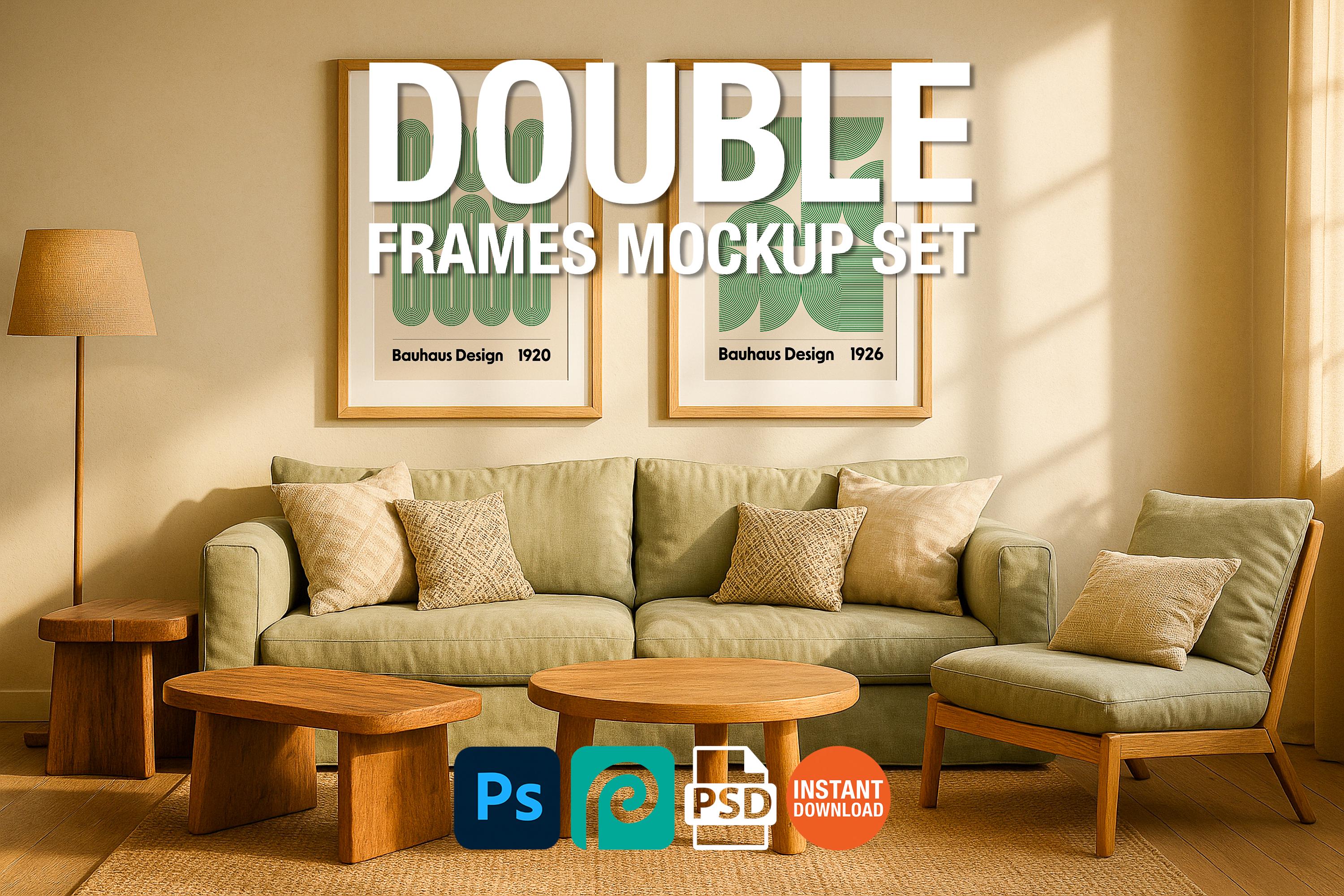 2 Frame Mockup Boho Living Room Poster Display Double Wooden Wall Art Digital PSD