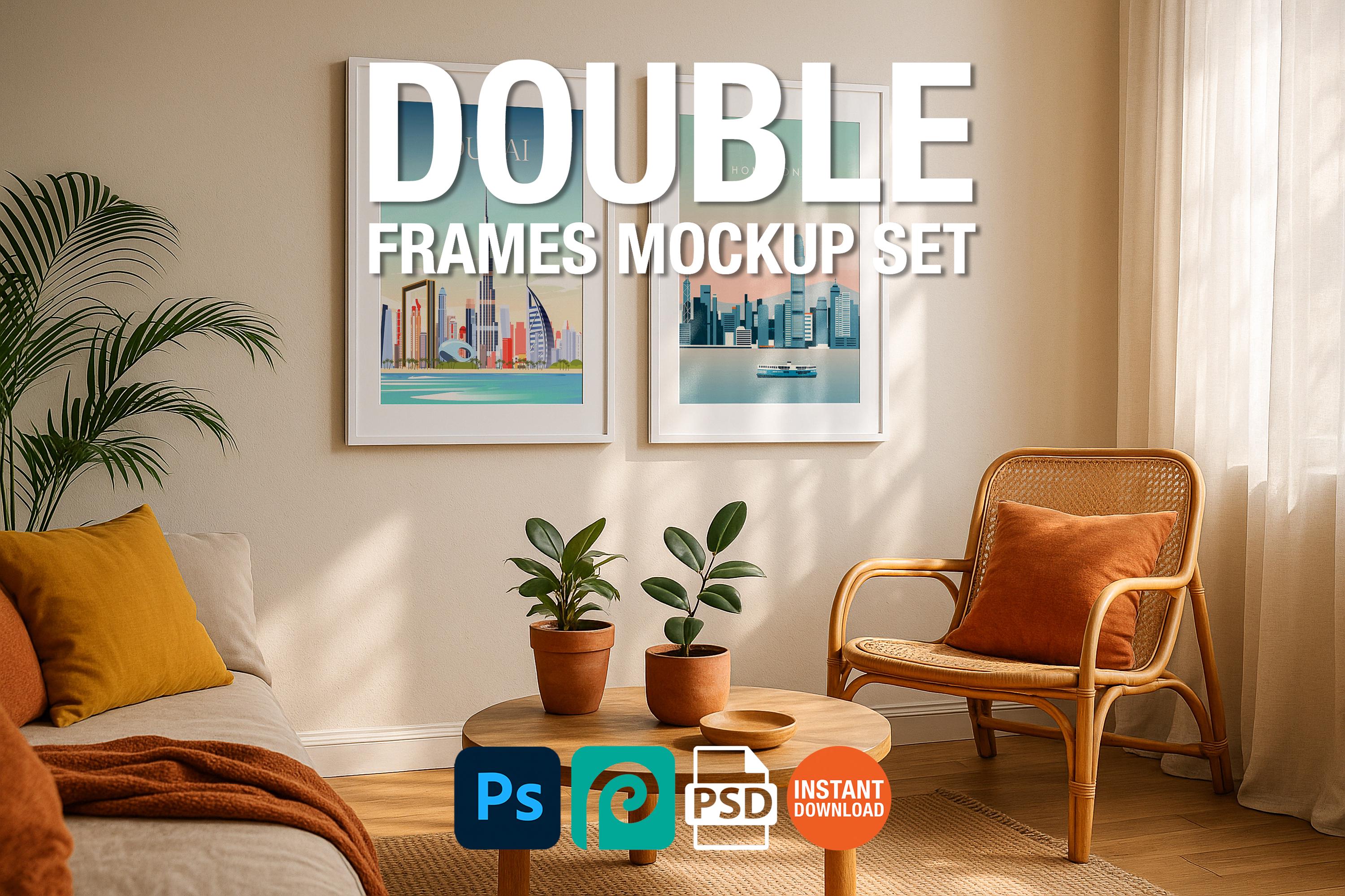 2 Frame Mockup Boho Style Poster Display Double Wall Art Natural Interior PSD Digital
