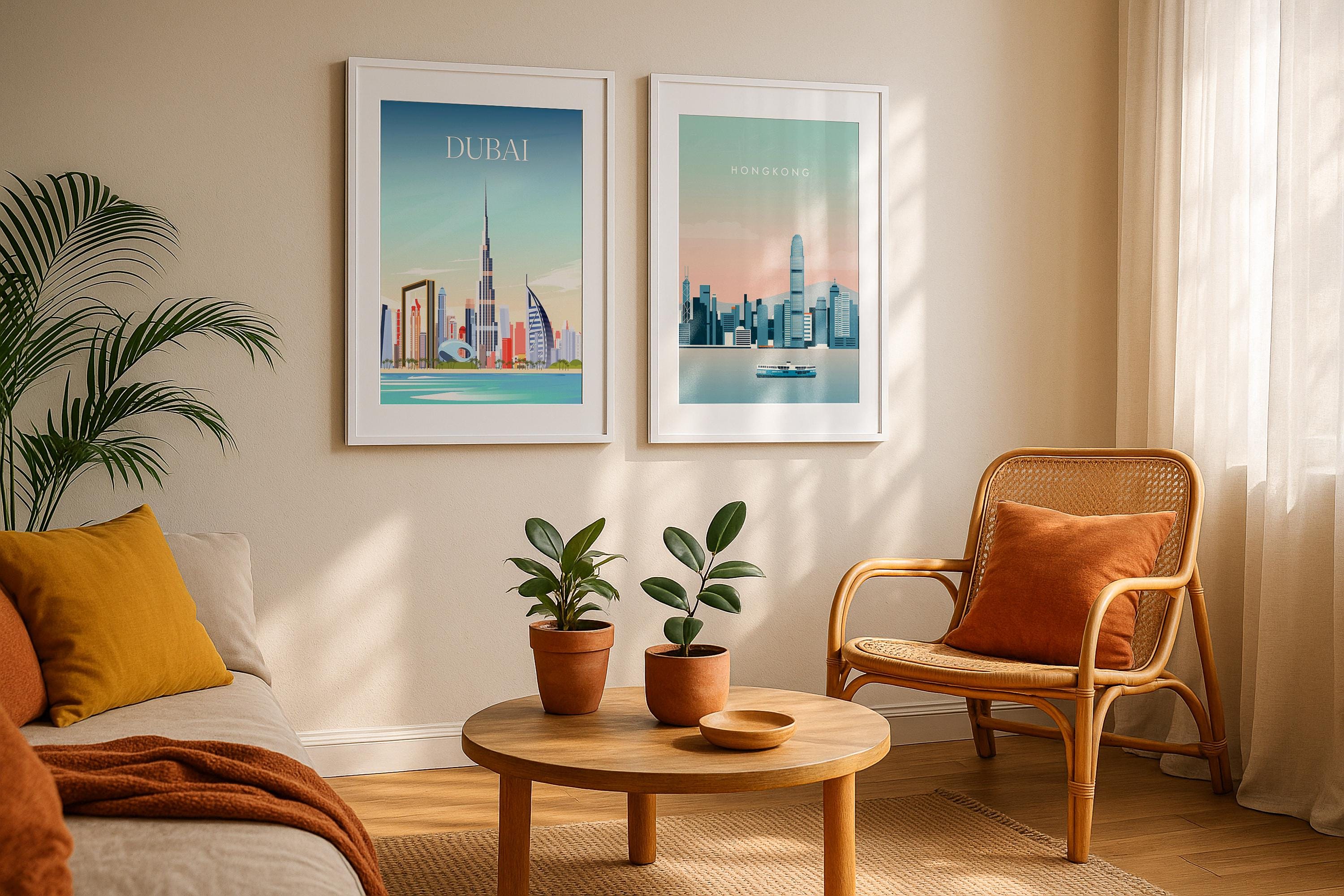 2 Frame Mockup Boho Style Poster Display Double Wall Art Natural Interior PSD Digital