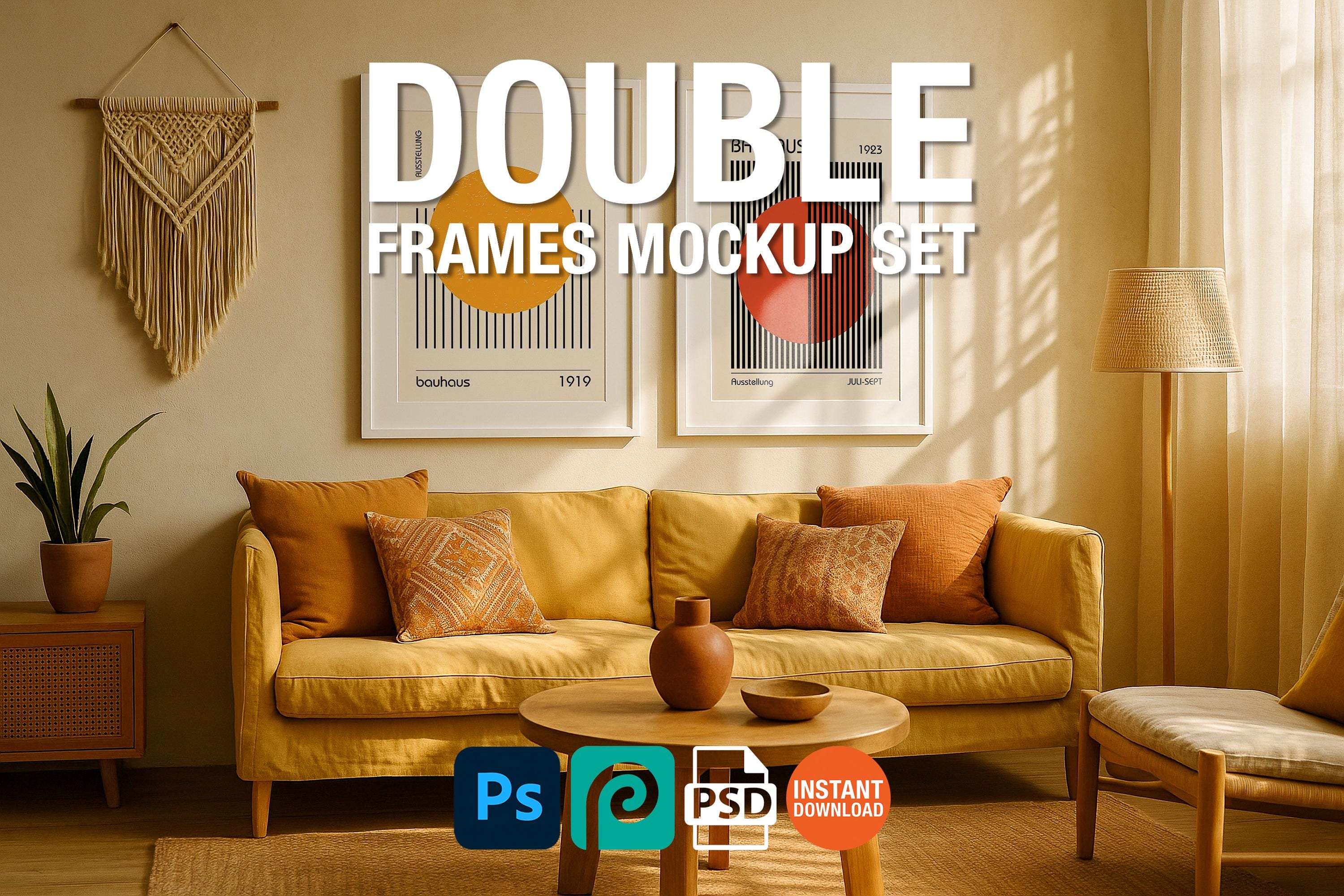 2 Frame Mockup Boho Living Room Poster Display Double White Wall Art Natural Interior PSD Digital
