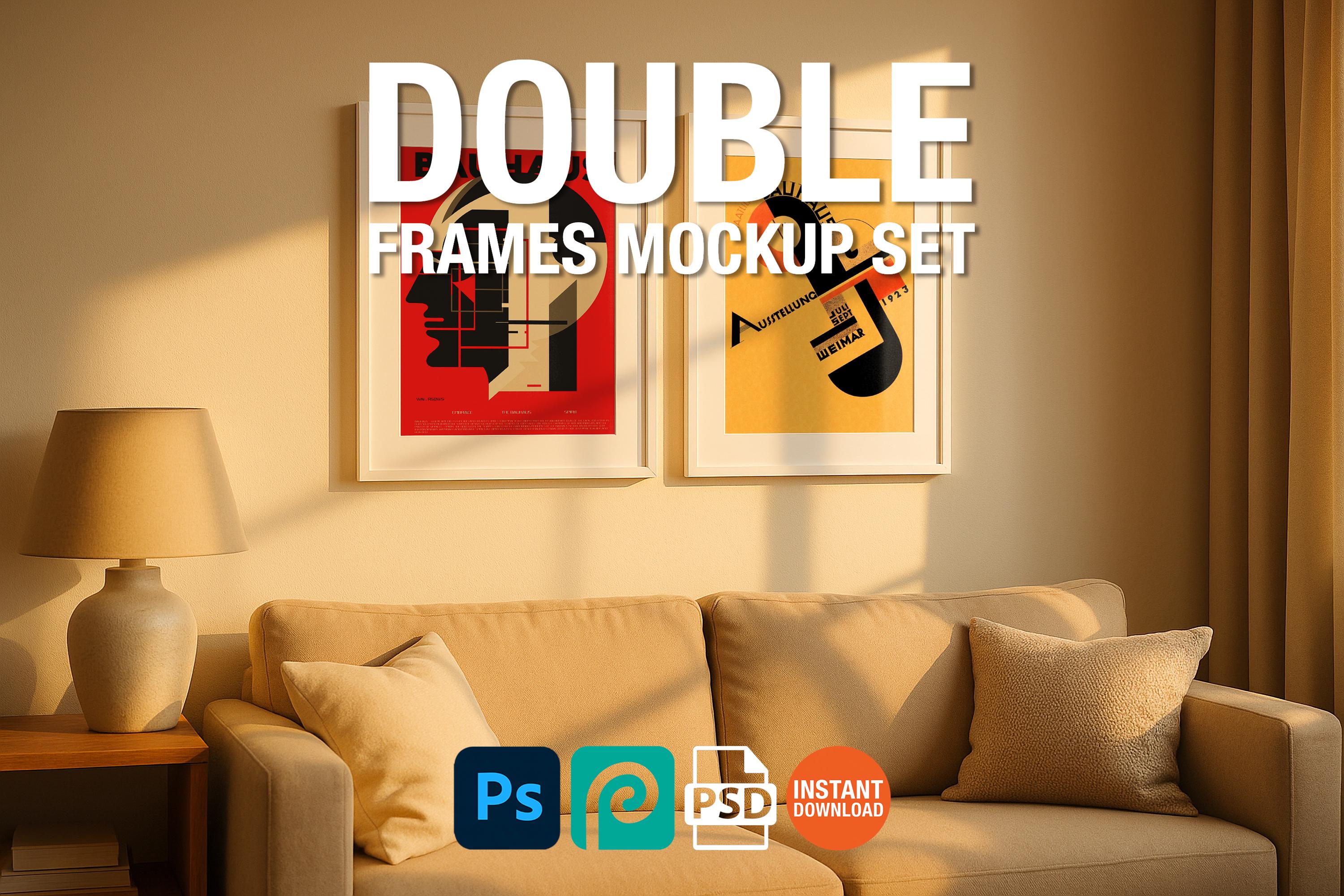 2 Frame Mockup Boho Living Room Double Poster Display Wall Art PSD Digital Download