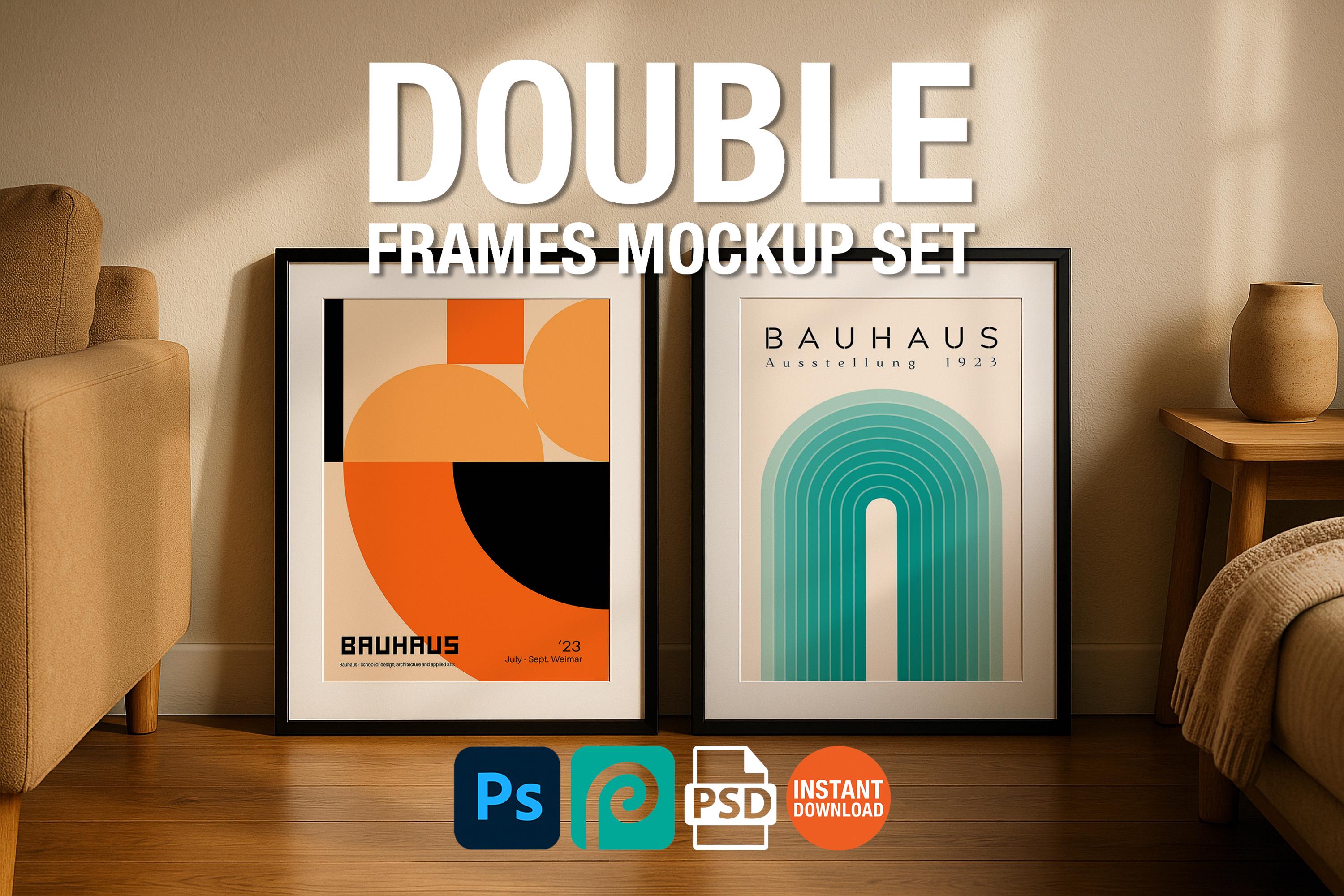2 Frame Mockup Double Poster Display Black Wall Art Minimal Interior PSD Download