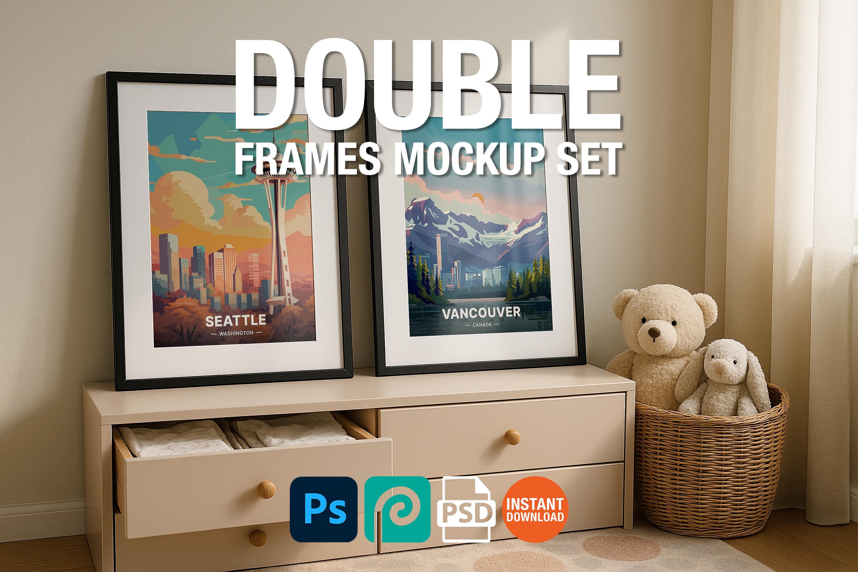 2 Frame Mockup Double Poster Display Nursery Black Wall Art PSD Digital Download
