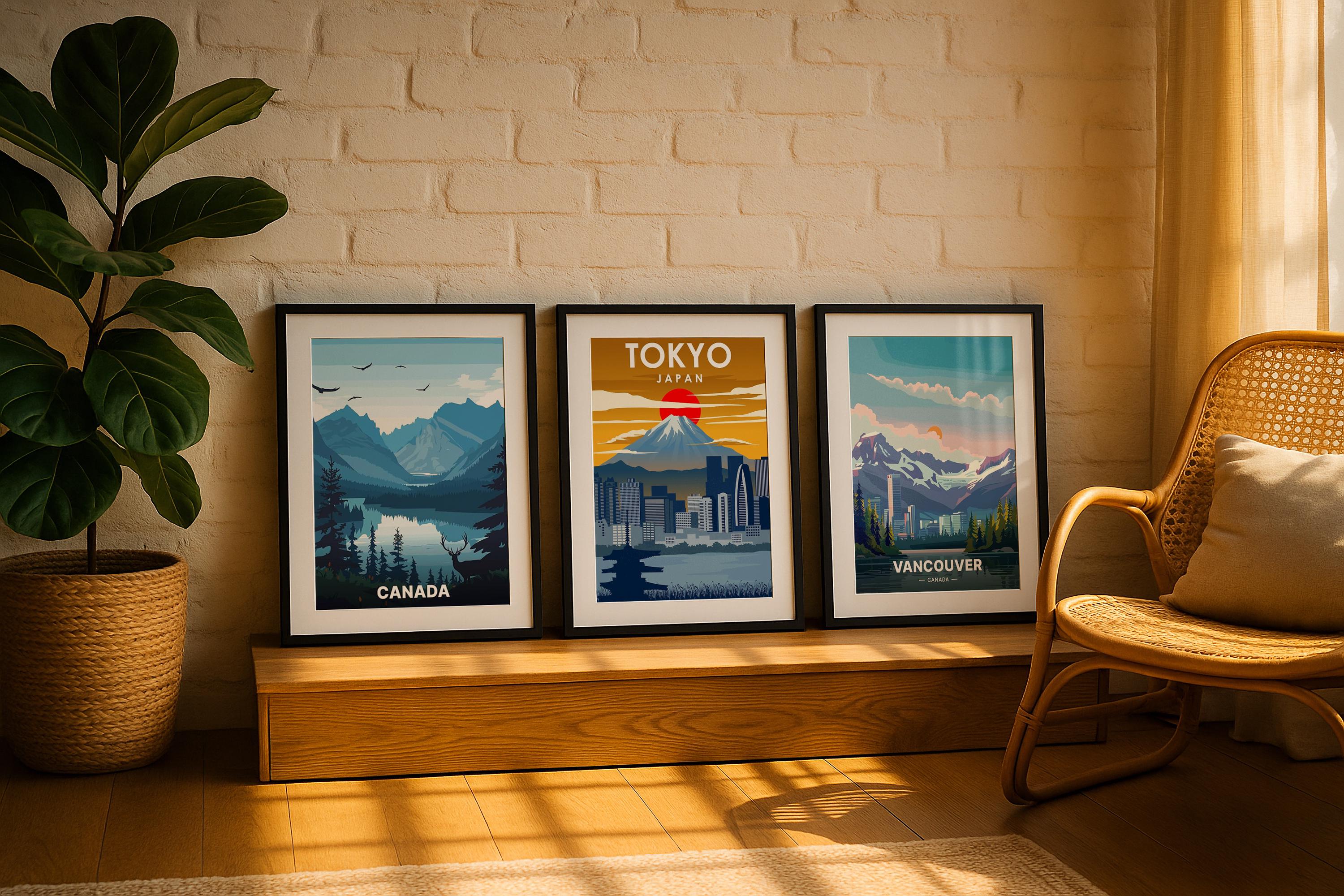 3 Frame Mockup Poster Frame Living Room Wall Art Black Frames Digital Download PSD