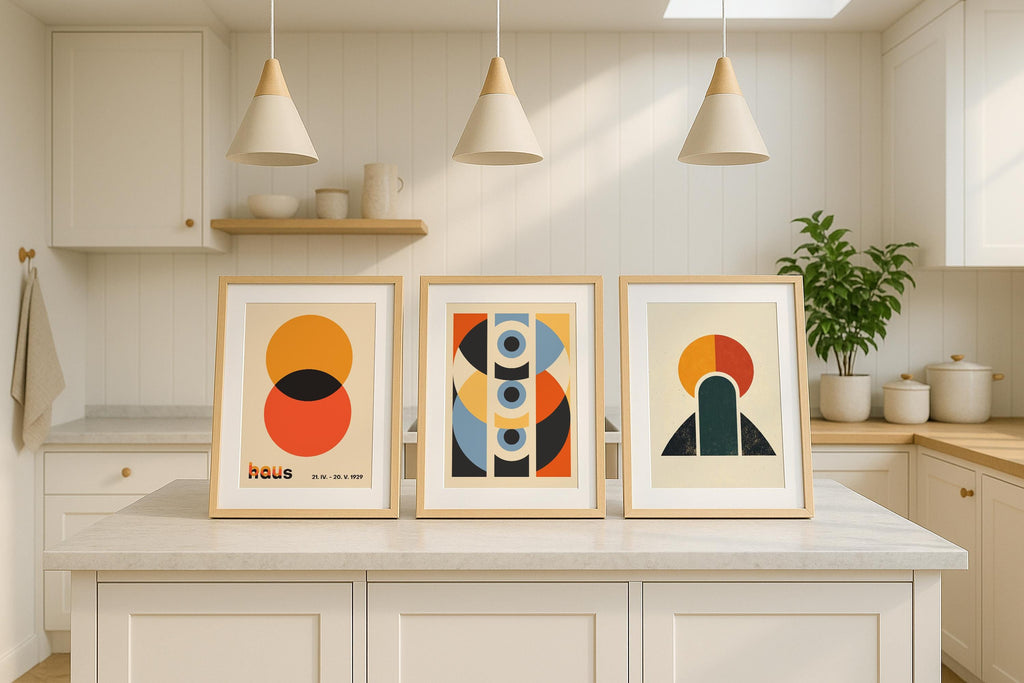 Triple Frame Mockup Kitchen Interior Poster Display Wooden Wall Art Scandinavian PSD Download