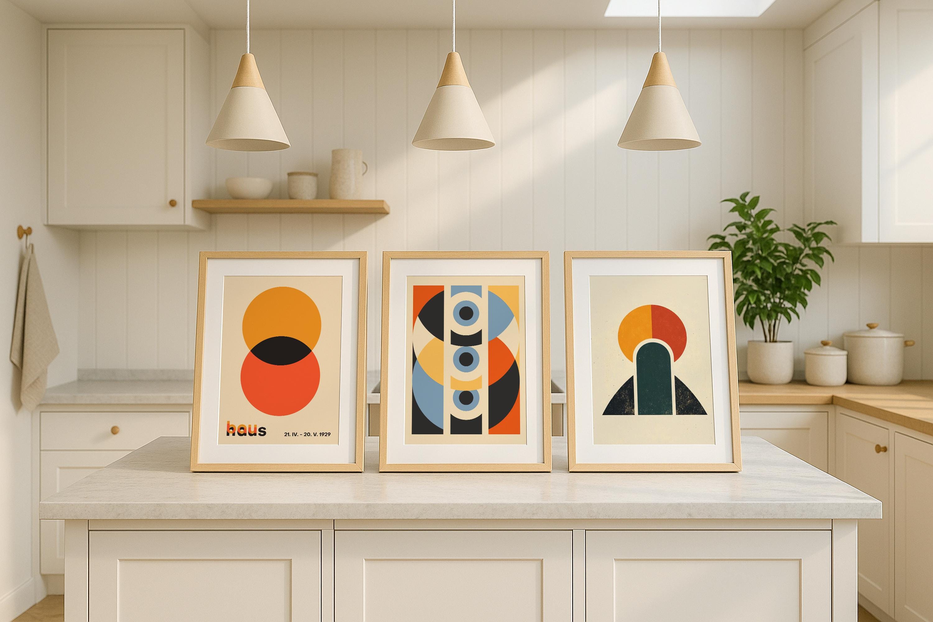 Triple Frame Mockup Kitchen Interior Poster Display Wooden Wall Art Scandinavian PSD Download