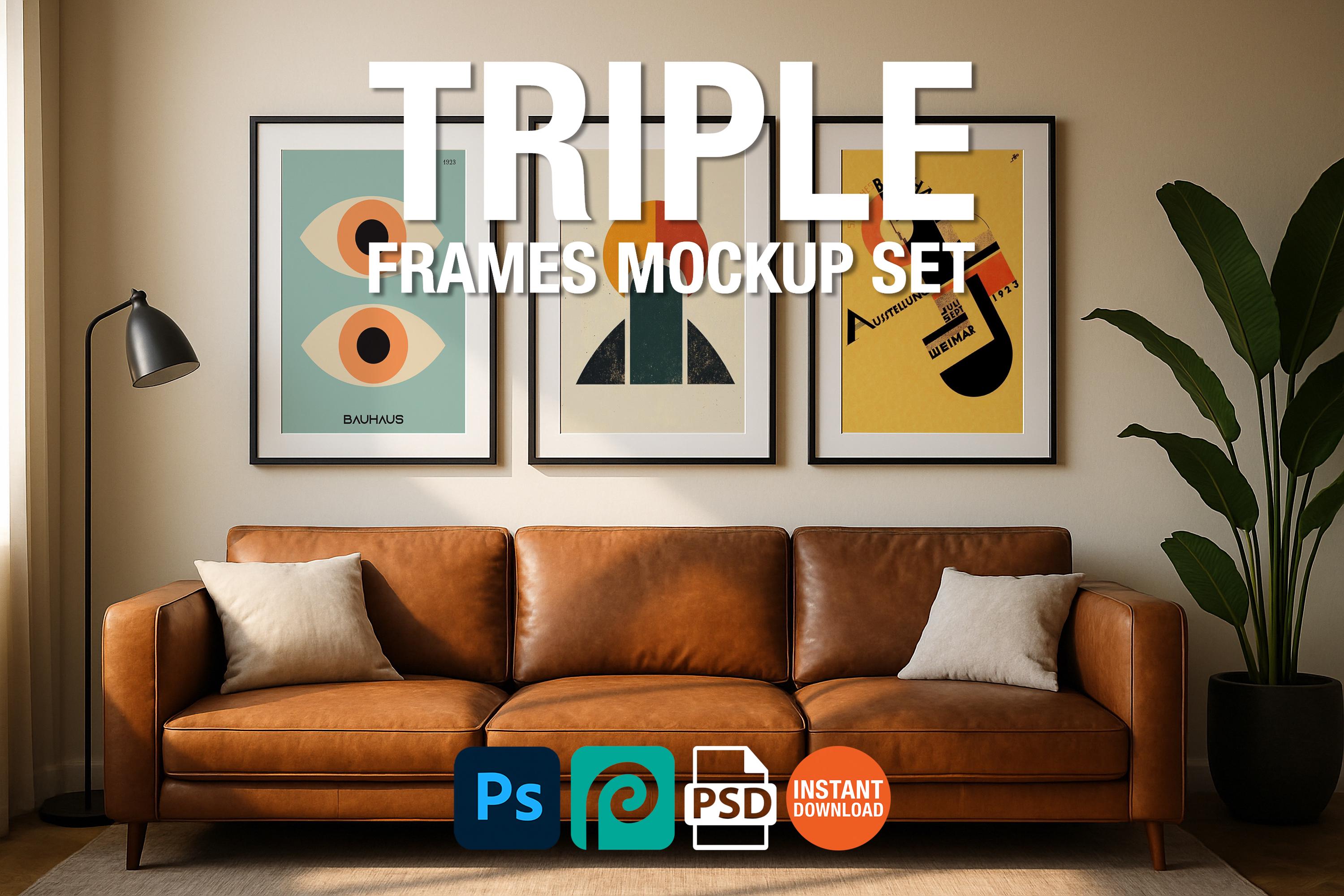 3 Frame Mockup Living Room Poster Display Wall Art Black Minimal Interior PSD Download
