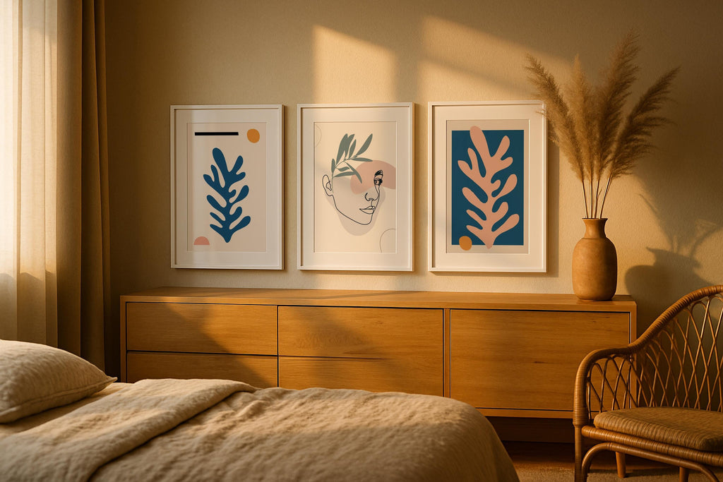 3 Frame Mockup Boho Bedroom Poster Display Wooden Furniture Neutral Wall Art PSD Digital