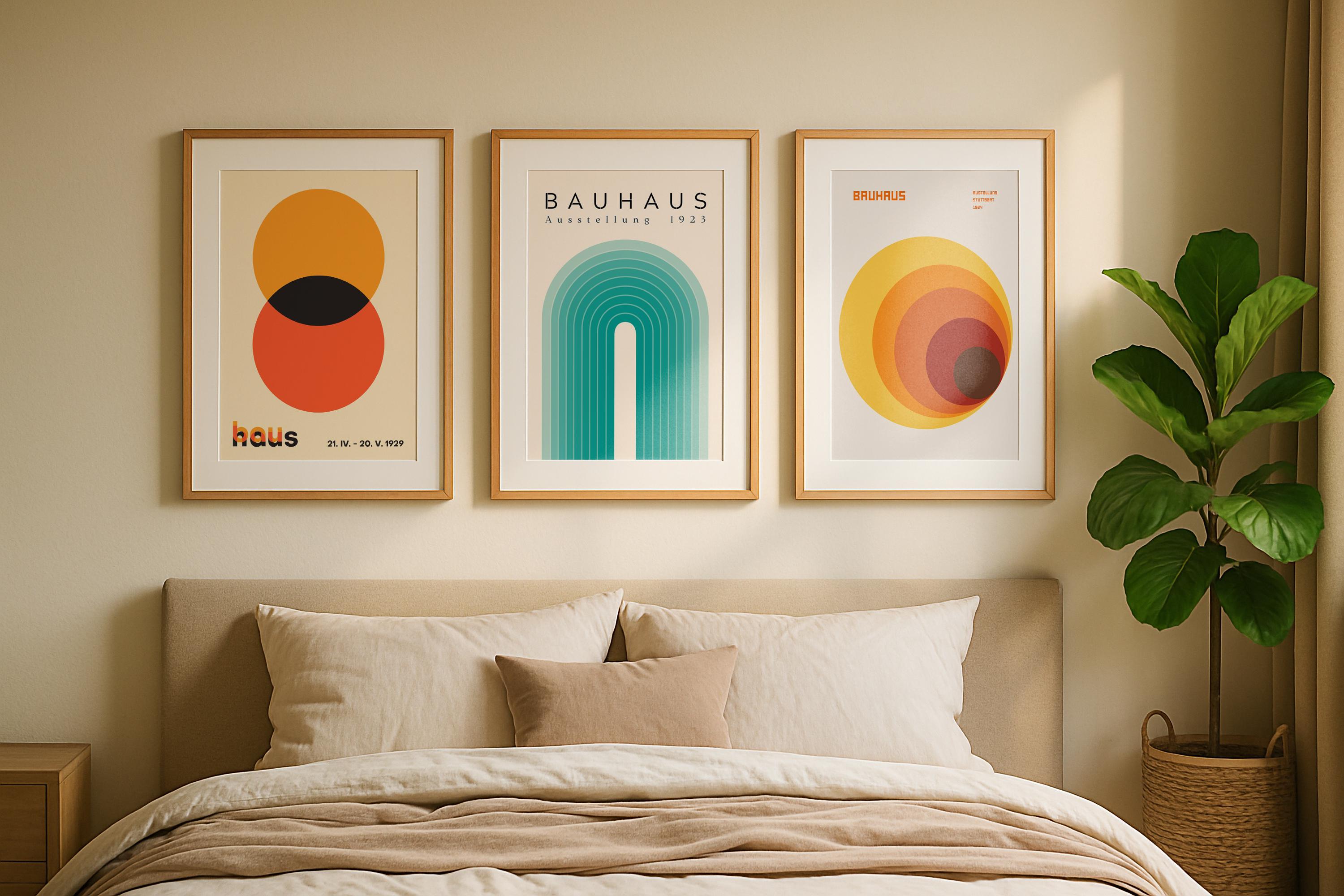 3 Frame Mockup Scandinavian Bedroom Poster Display Wooden Wall Art Minimal Interior PSD Download