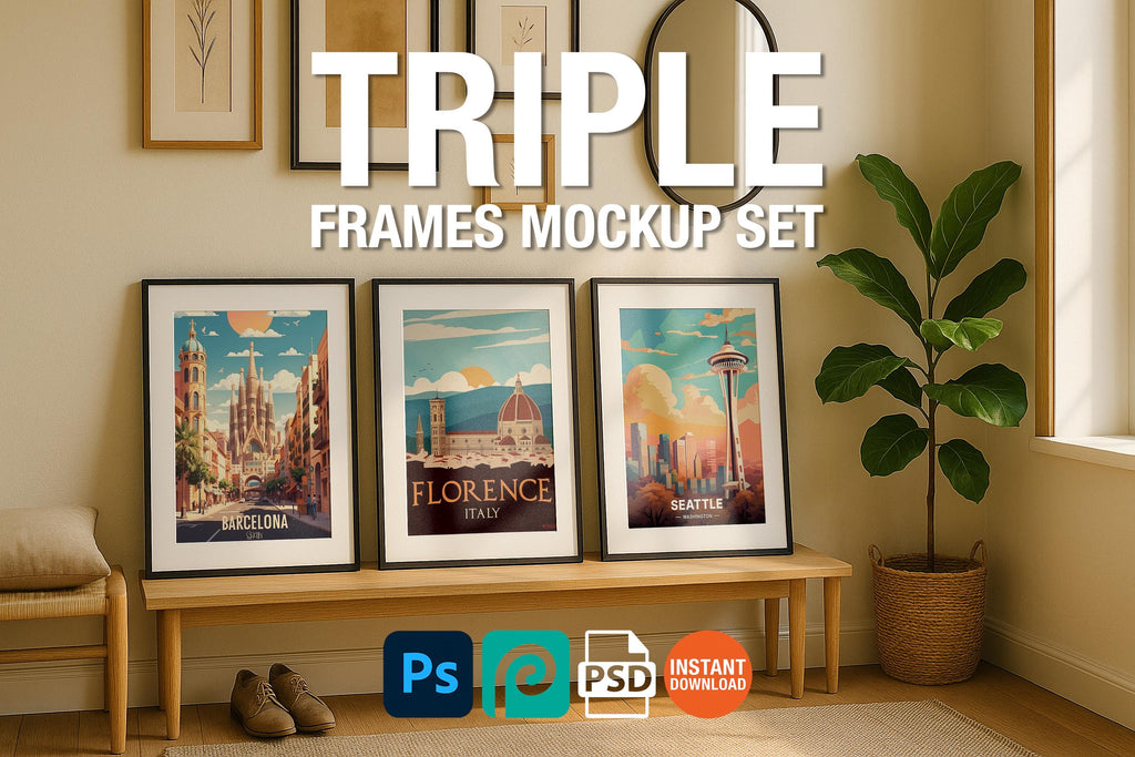 3 Frame Mockup Entryway Interior Poster Display Black Wall Art Minimal PSD Download