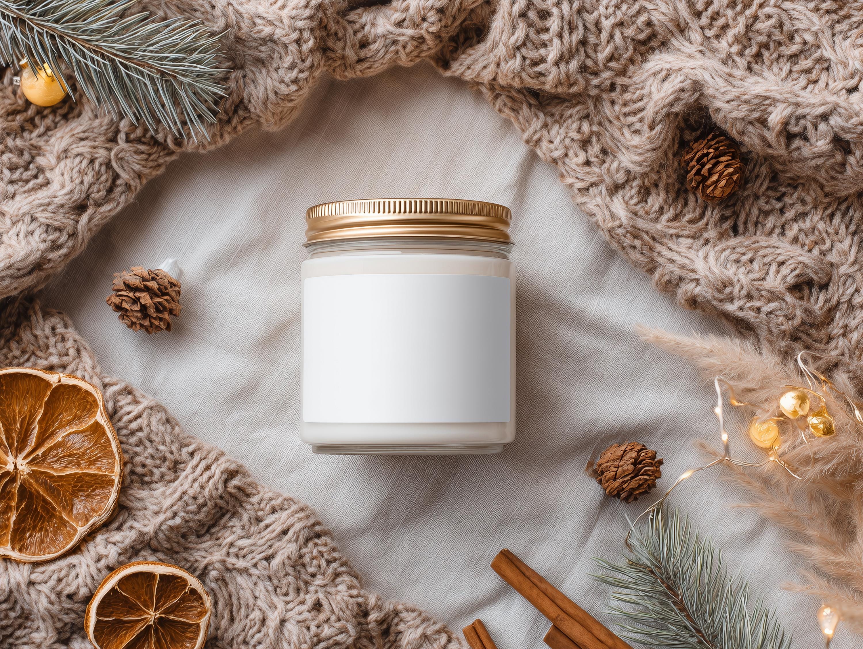 Christmas Amber Jar Candle Mockup PSD Smart Object Digital Template Download for Print on Demand