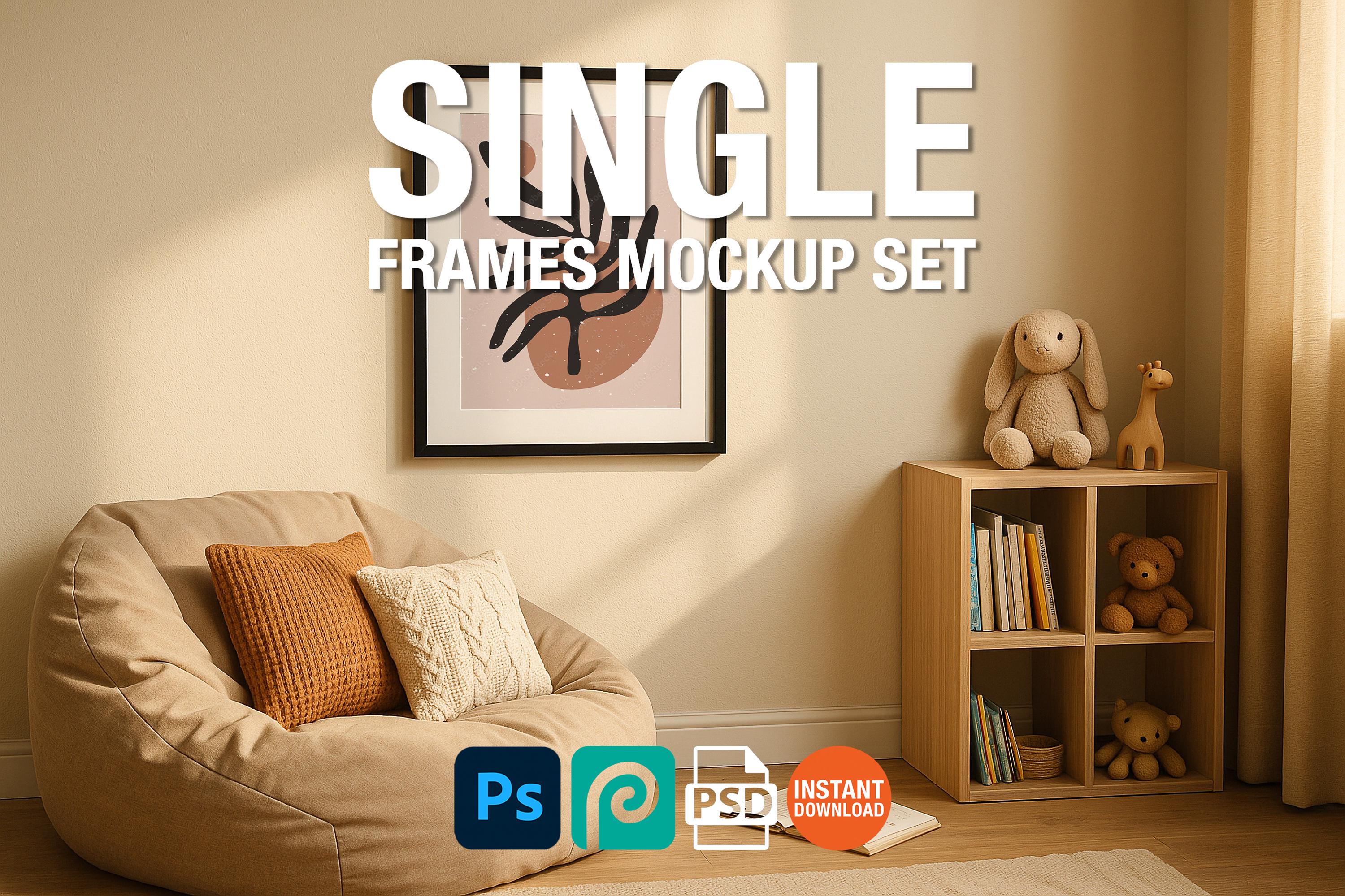 Single Black Frame Mockup Boho Nursery Wall Art Kids Room Poster Digital PSD Download