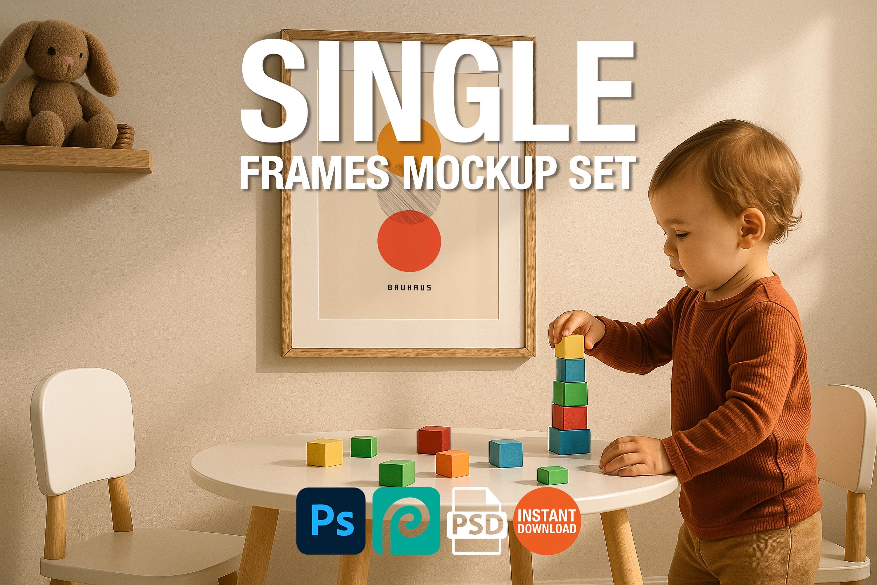 Nursery Single Wooden Frame Mockup Montessori Toys Nursery Wall Art Digital Poster PSD Template