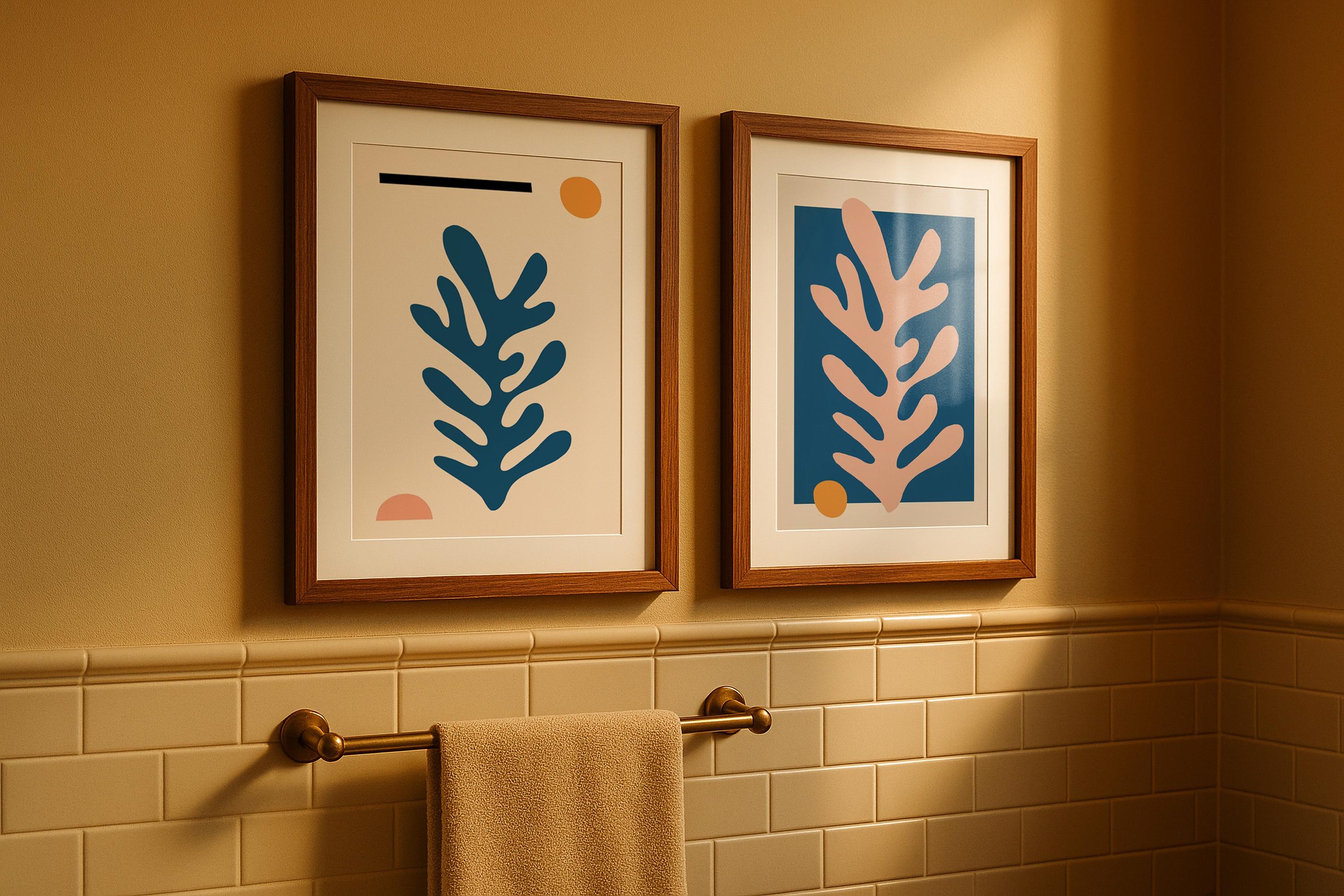 2 Frame Mockup Bathroom Double Poster Display Wooden Wall Art Minimal Interior PSD Download