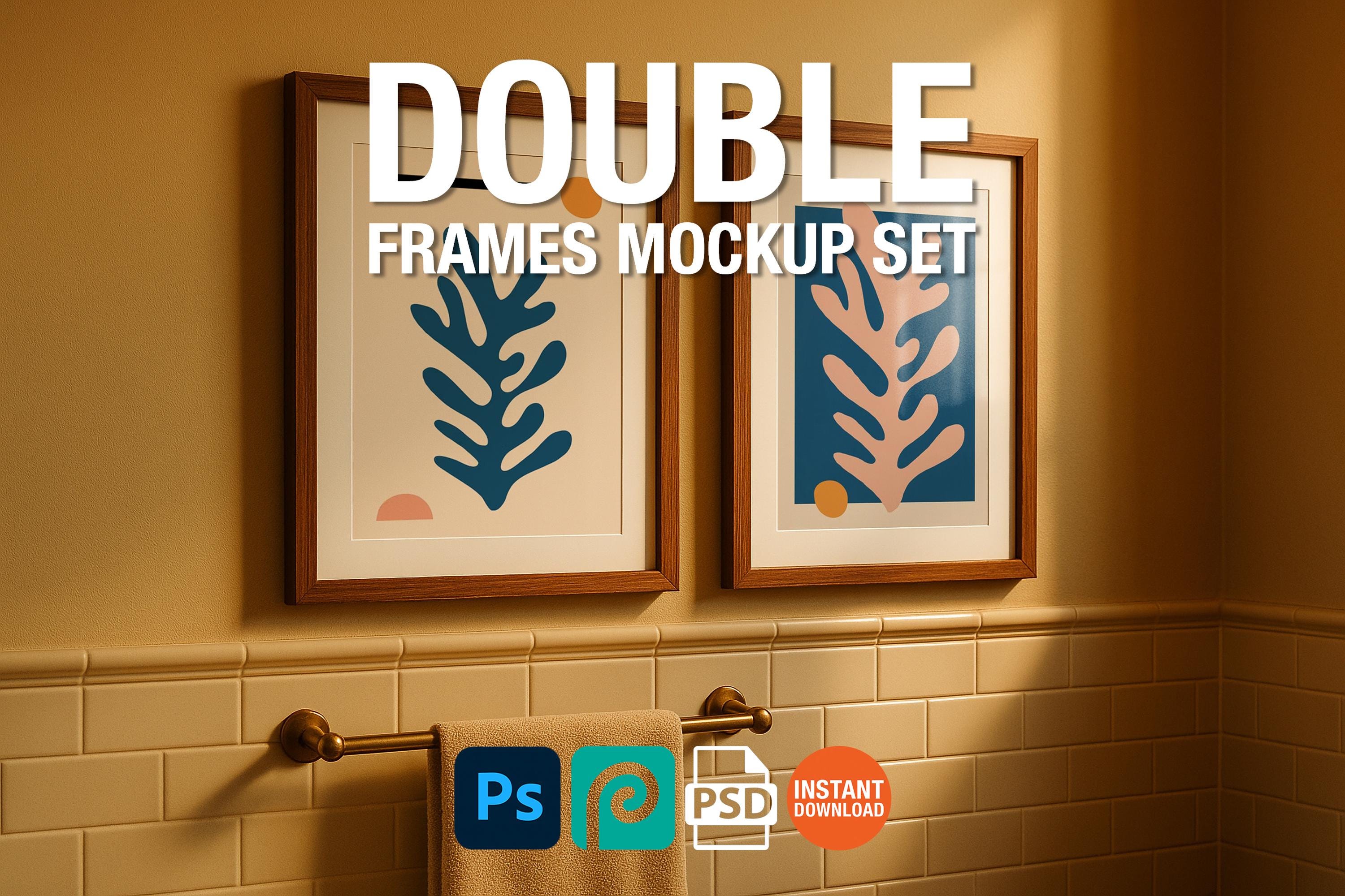 2 Frame Mockup Bathroom Double Poster Display Wooden Wall Art Minimal Interior PSD Download