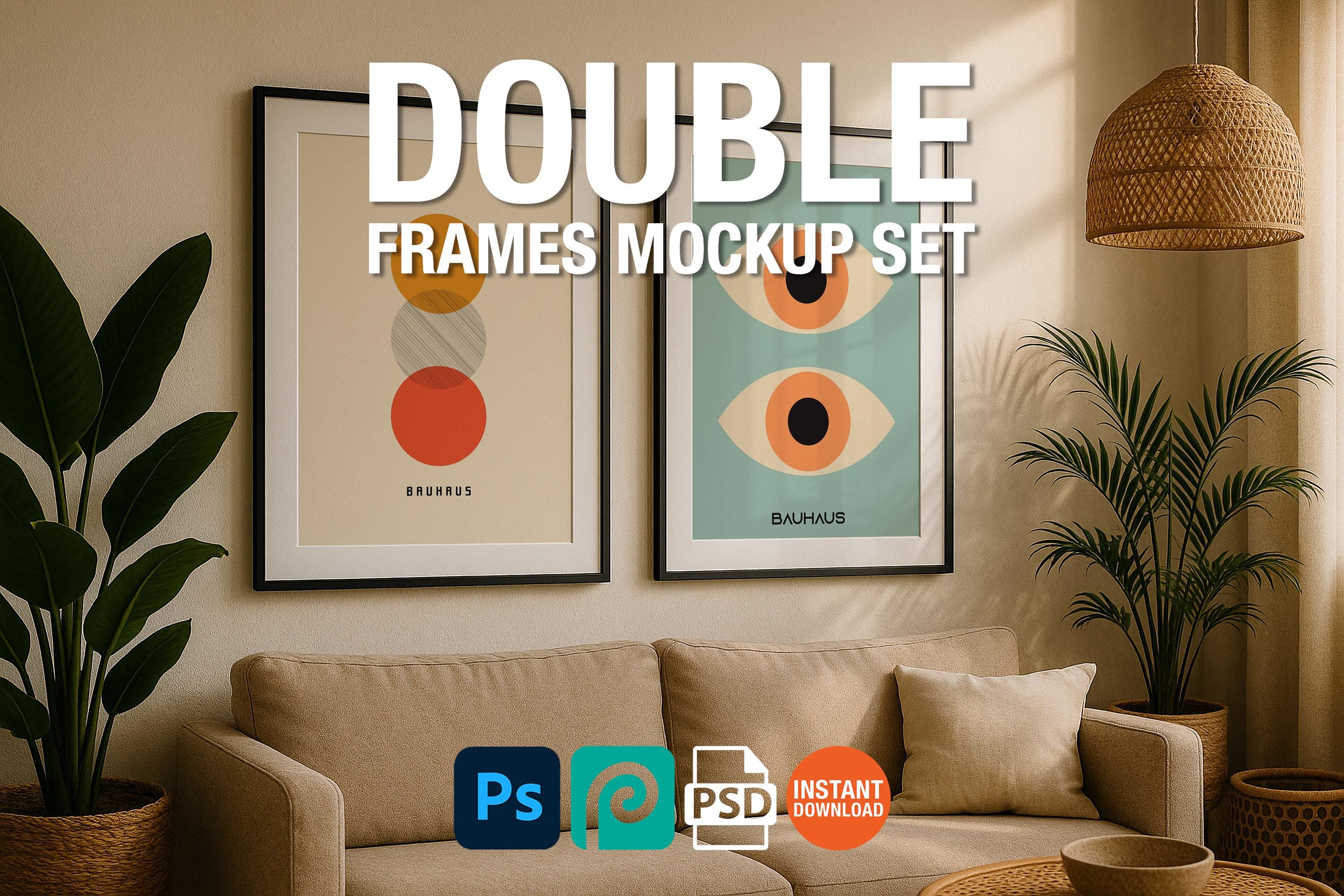 2 Frame Mockup Boho Living Room Double Wall Art Black Frame PSD Digital Print