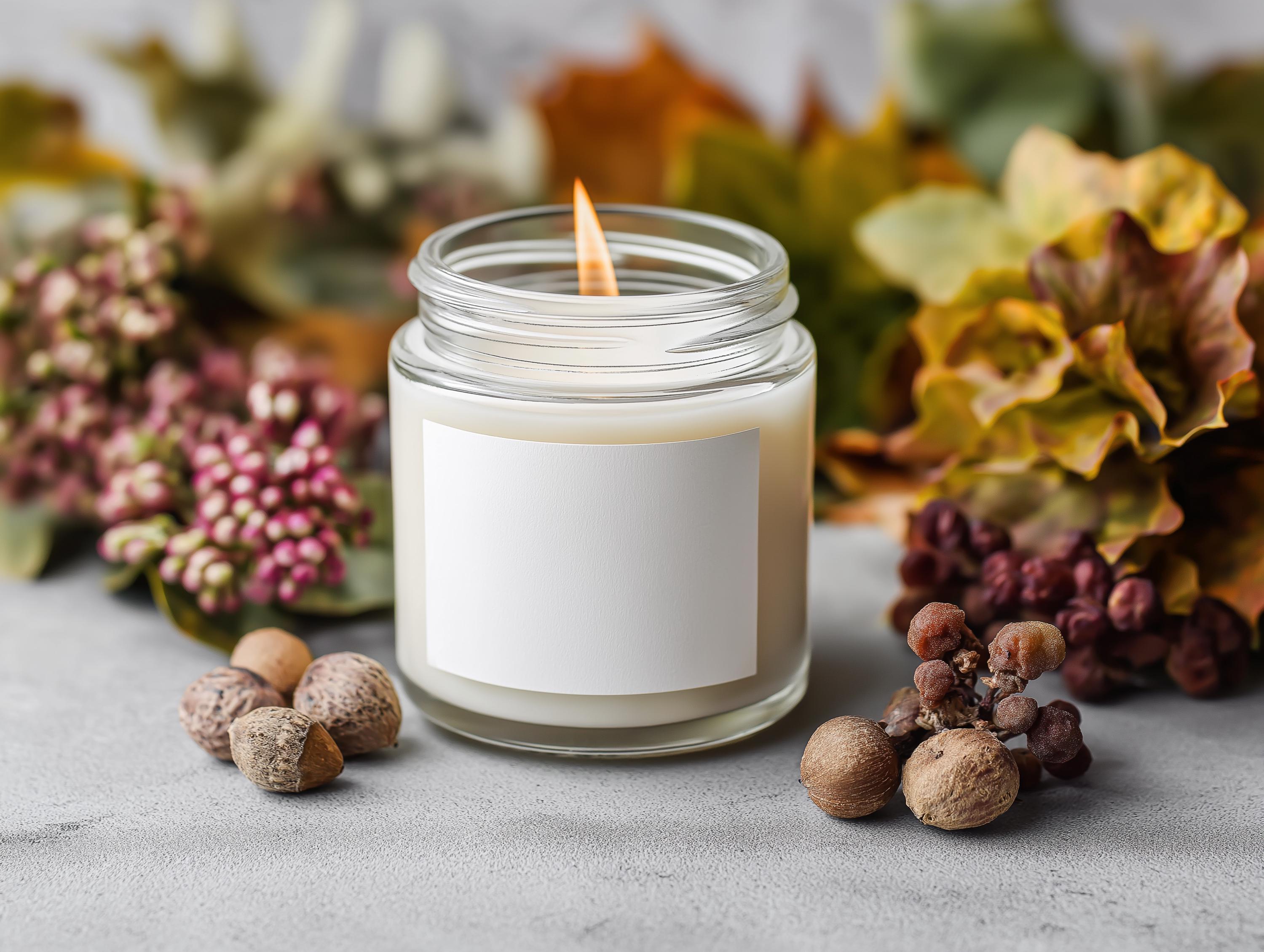 Autumn Clear Glass Jar Candle Mockup PSD Smart Object Digital Template Download