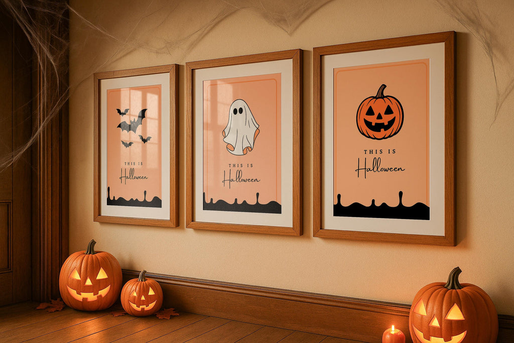 3 Frame Halloween Mockup Wooden Wall Art Poster Display Pumpkin Fall Decor Digital PSD