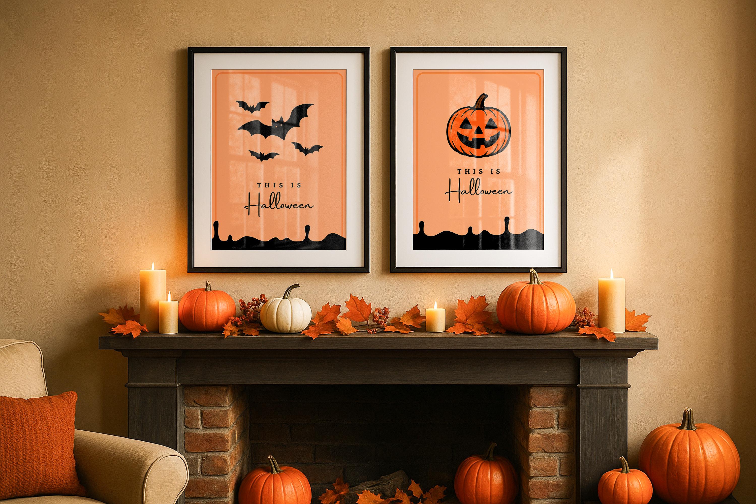 2 Frame Halloween Mockup Black Wall Art Poster Display Pumpkin Fall Decor Digital PSD