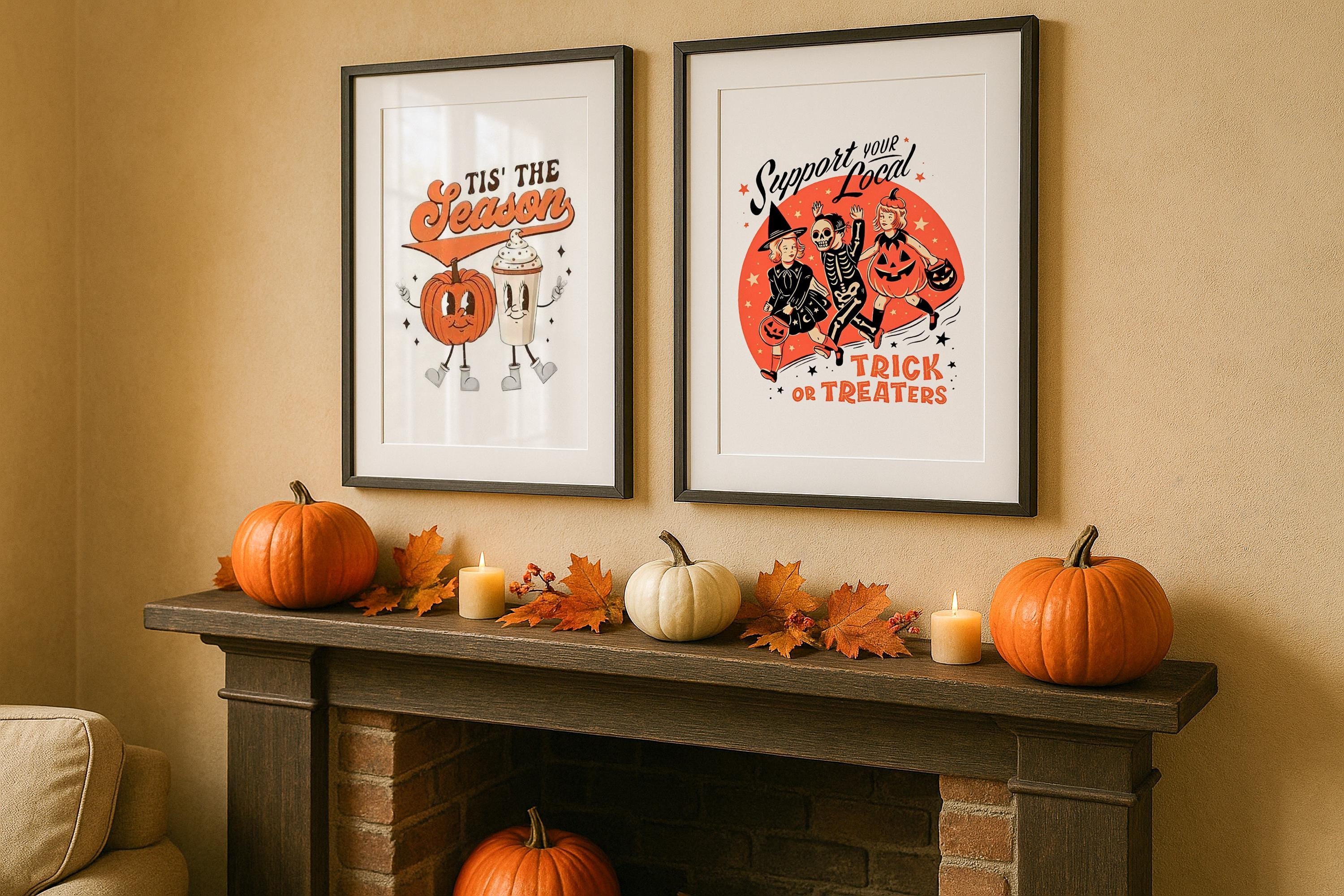 Double Vertical Frame Halloween Mockup Wall Art Poster Display Pumpkin Fall Decor Digital PSD