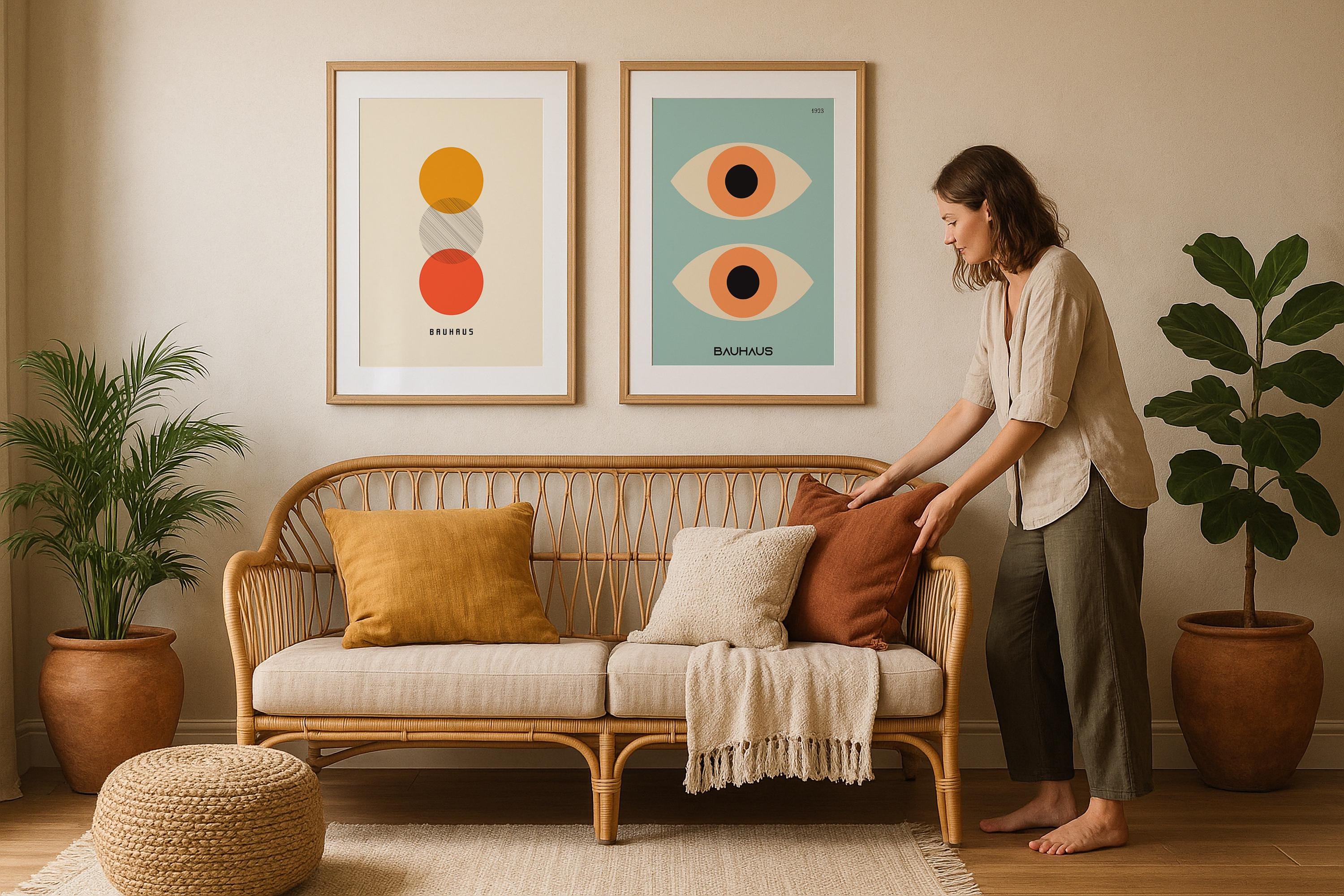 2 Frame Mockup Boho Living Room Poster Display Double Wooden Wall Art Natural Interior PSD Digital