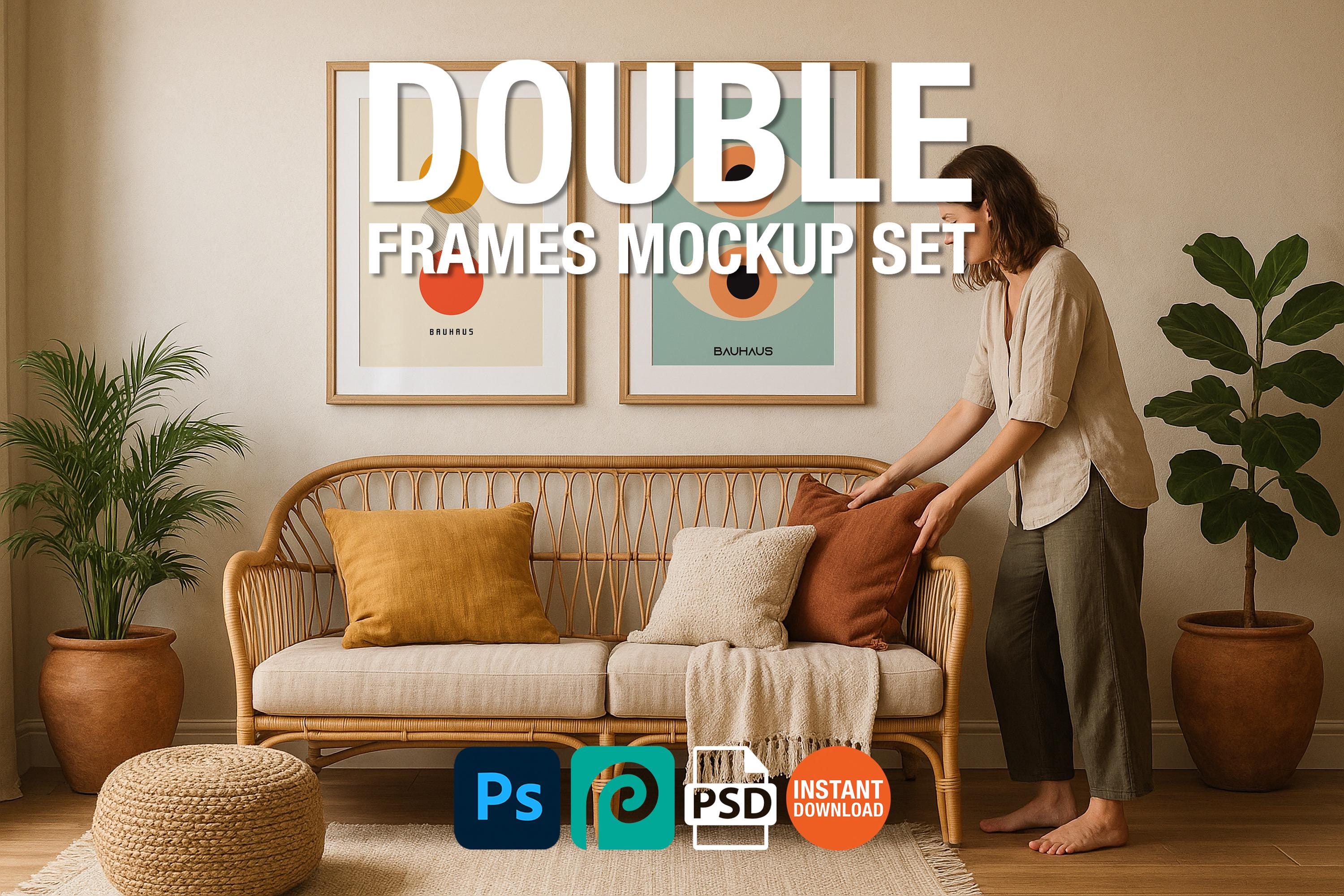 2 Frame Mockup Boho Living Room Poster Display Double Wooden Wall Art Natural Interior PSD Digital