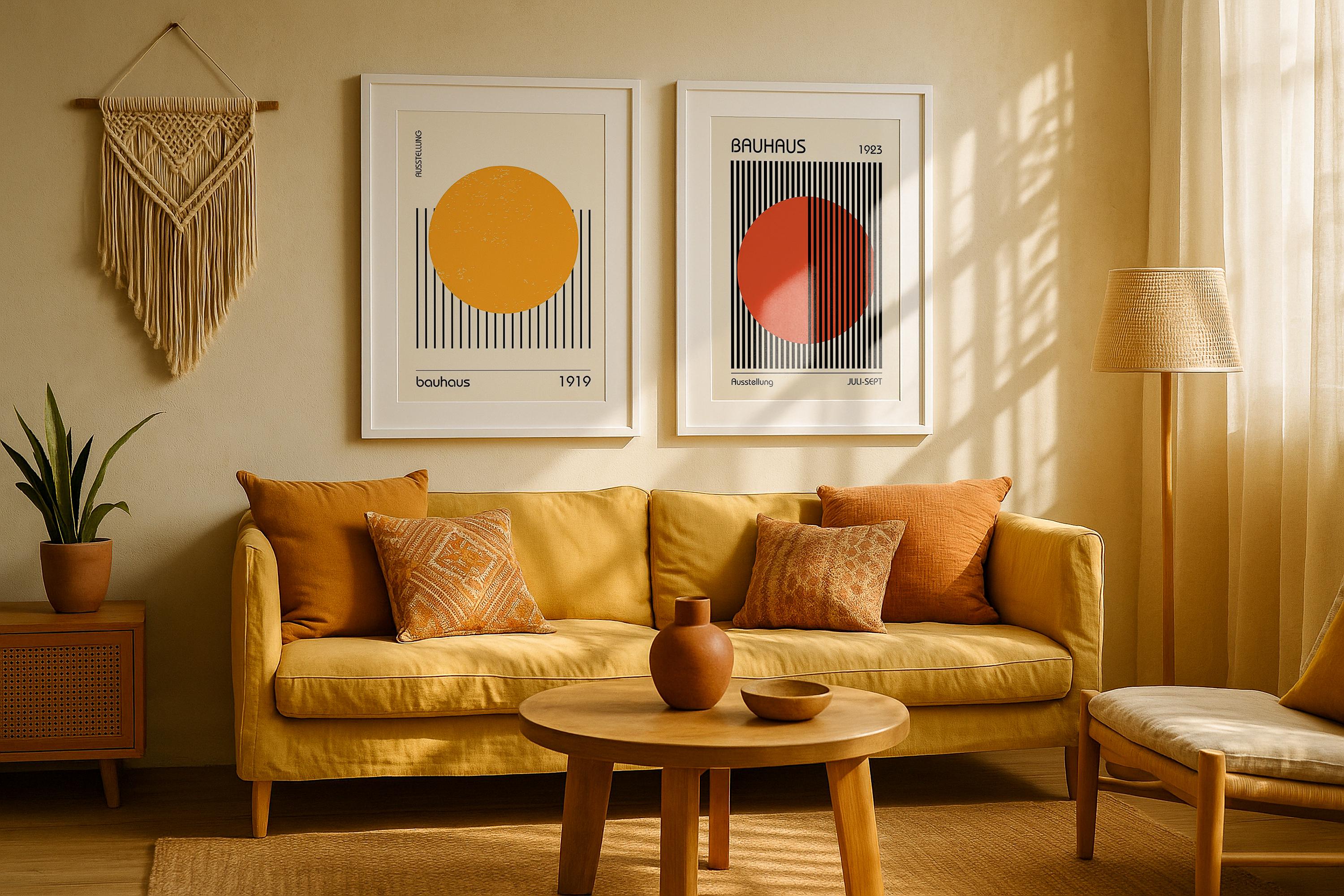 2 Frame Mockup Boho Living Room Poster Display Double White Wall Art Natural Interior PSD Digital