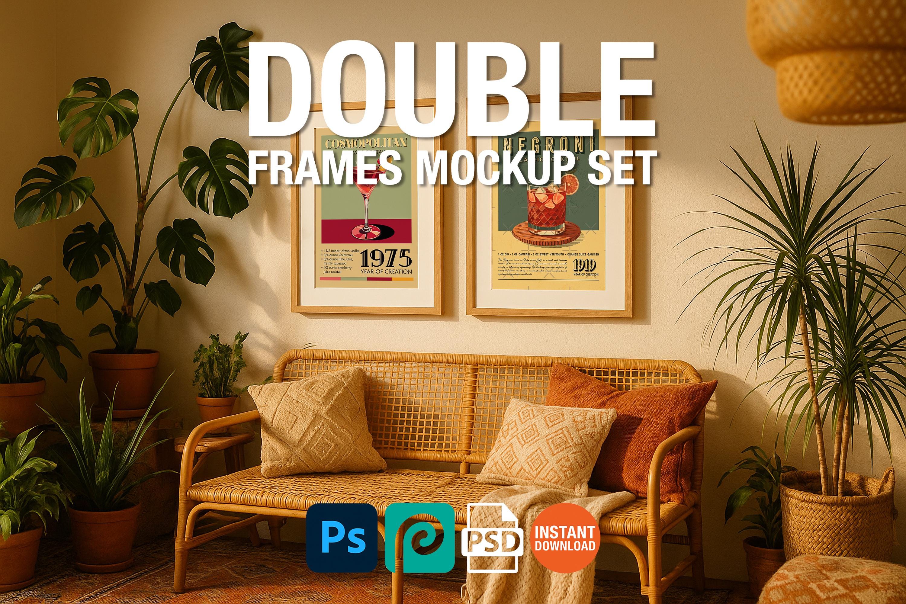 2 Frame Mockup Cozy Living Room Poster Display Wooden Boho Wall Art PSD Digital Download