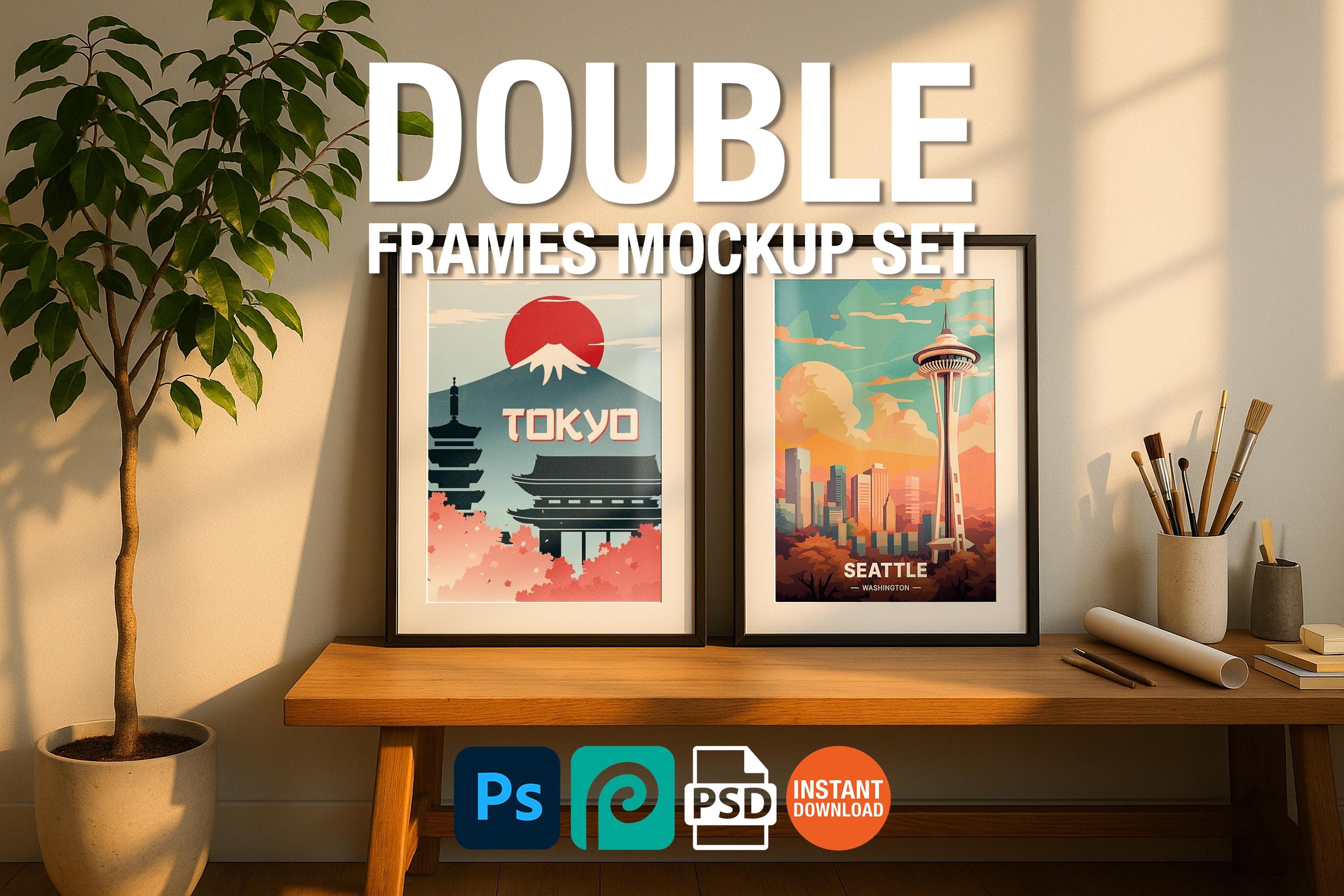 2 Frame Mockup Double Poster Display Black Wall Art Minimal Sunlit Interior PSD Download