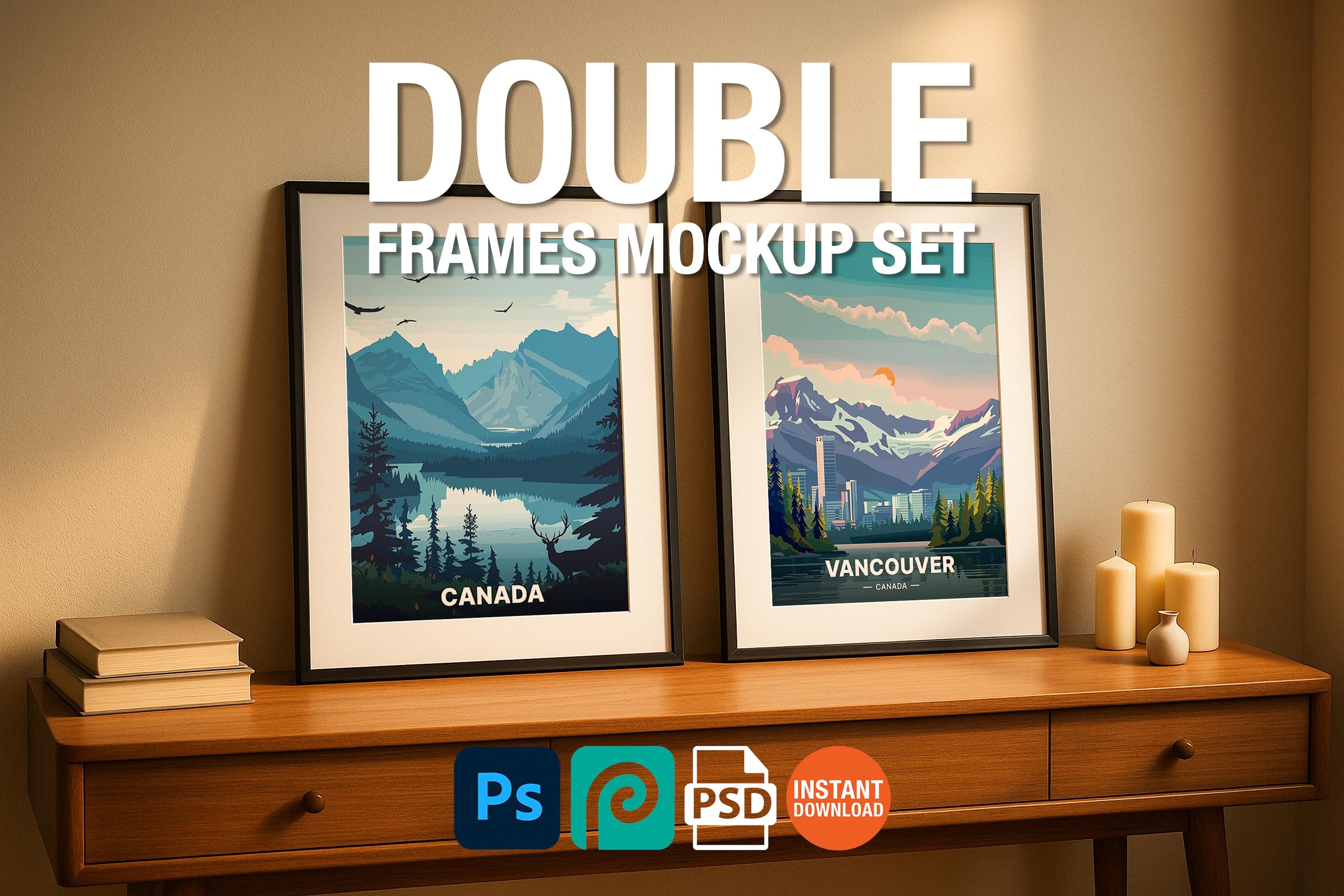2 Frame Mockup Double Poster Display Black Wall Art Modern Interior PSD Download