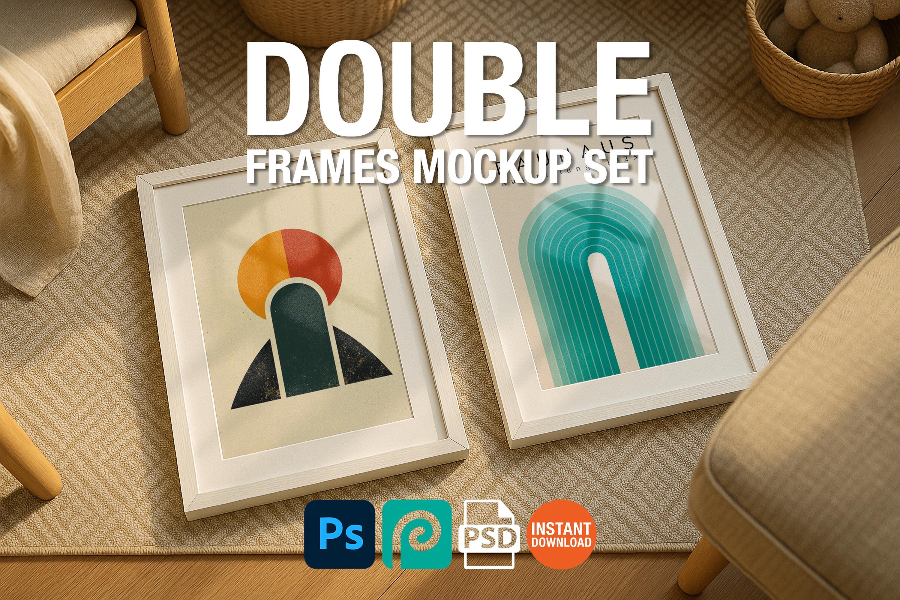 2 Frame Mockup Double Poster Display Nursery Room White Wall Art PSD Digital Download