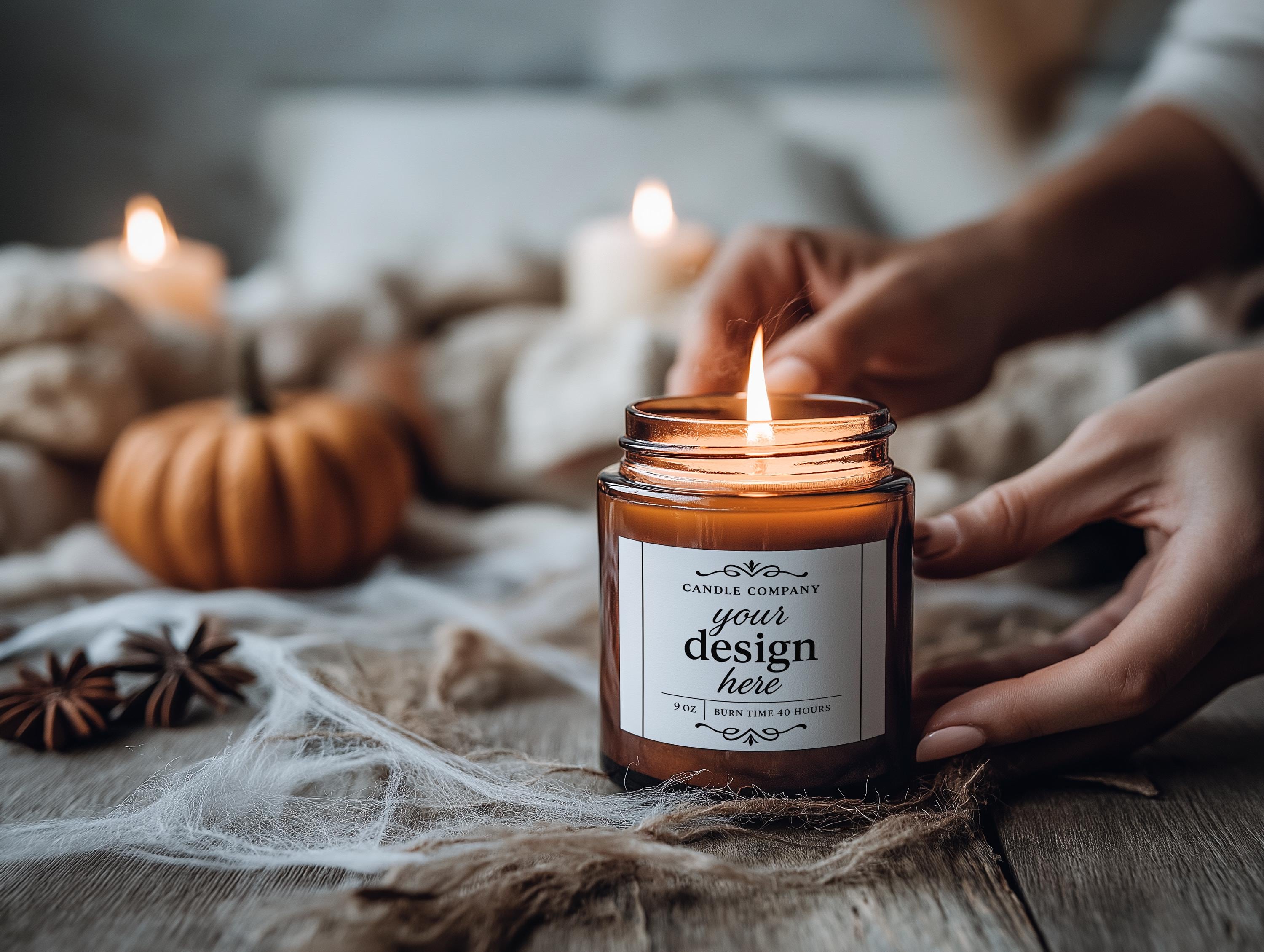 Halloween Amber Jar Candle Mockup PSD Smart Object Digital Template Download for Print on Demand