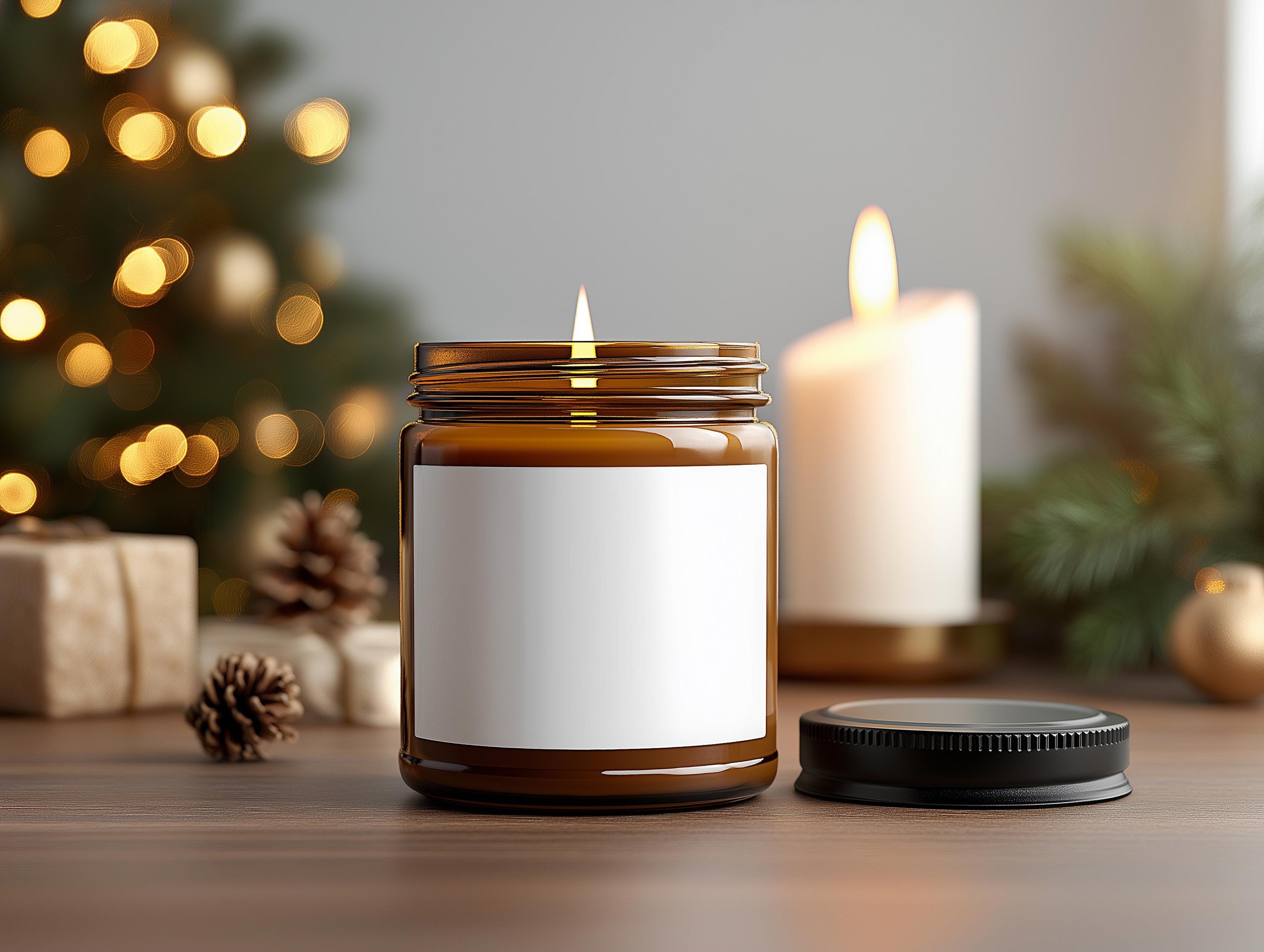 9oz Amber Jar Candle Christmas Mockup PSD Smart Object Digital Template Download for Print on Demand