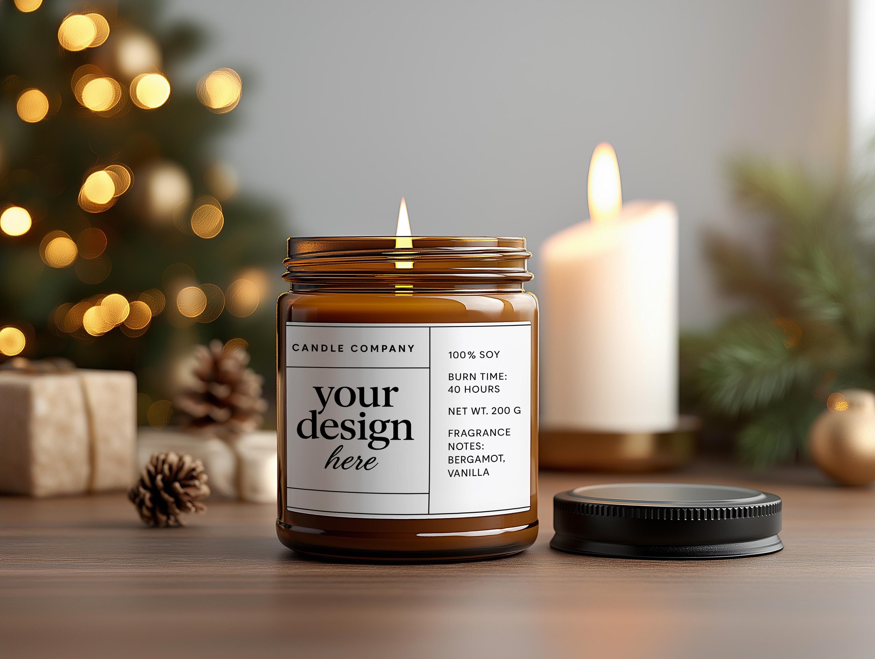 9oz Amber Jar Candle Christmas Mockup PSD Smart Object Digital Template Download for Print on Demand