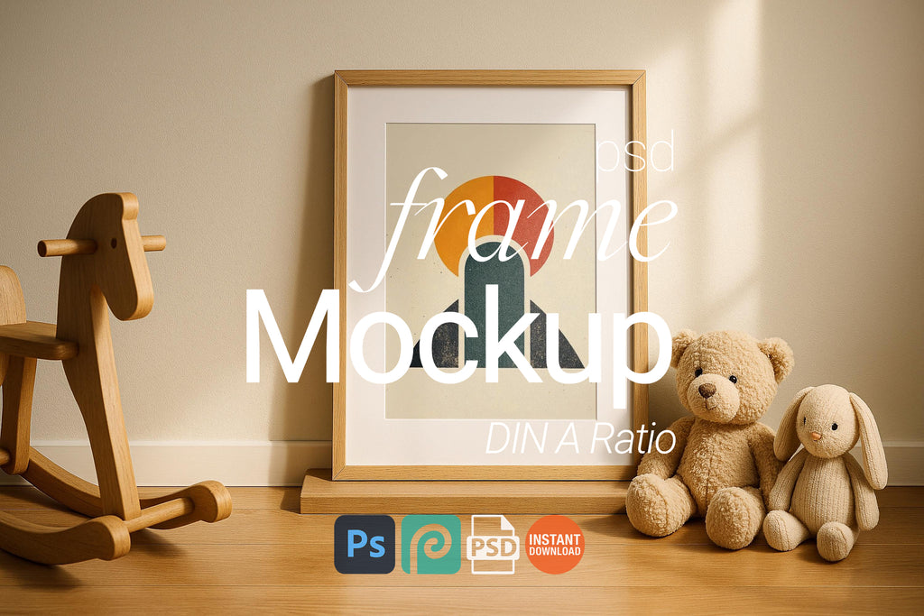 Nursery Single Wooden Frame Mockup Minimal Kids Toys Wall Art Digital Poster PSD Template