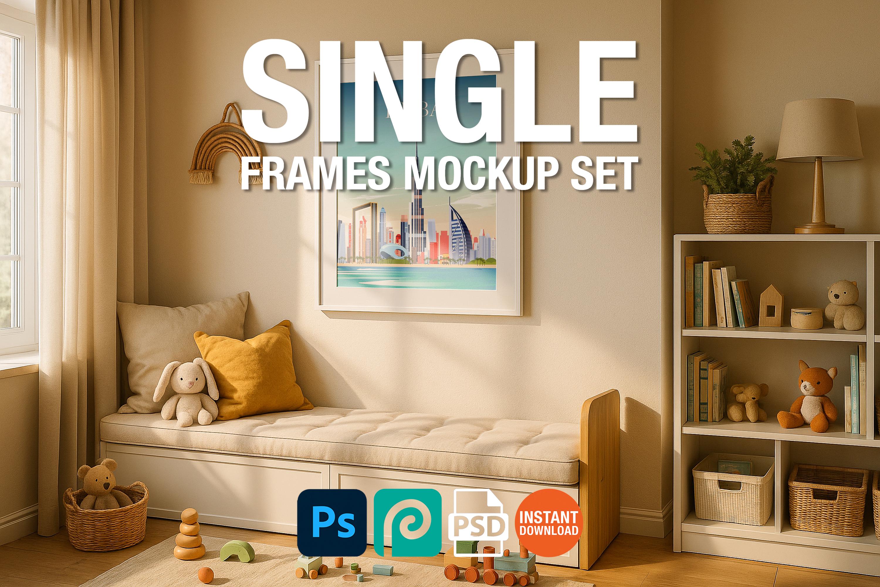 Single White Frame Mockup Sunlit Kids Room Poster Display Wall Art PSD Digital Download