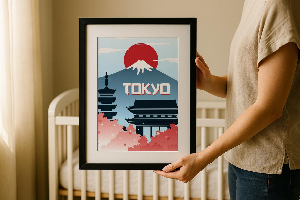 Handheld Black Frame Mockup Nursery Wall Art Kids Room Vertical Poster Digital PSD Download