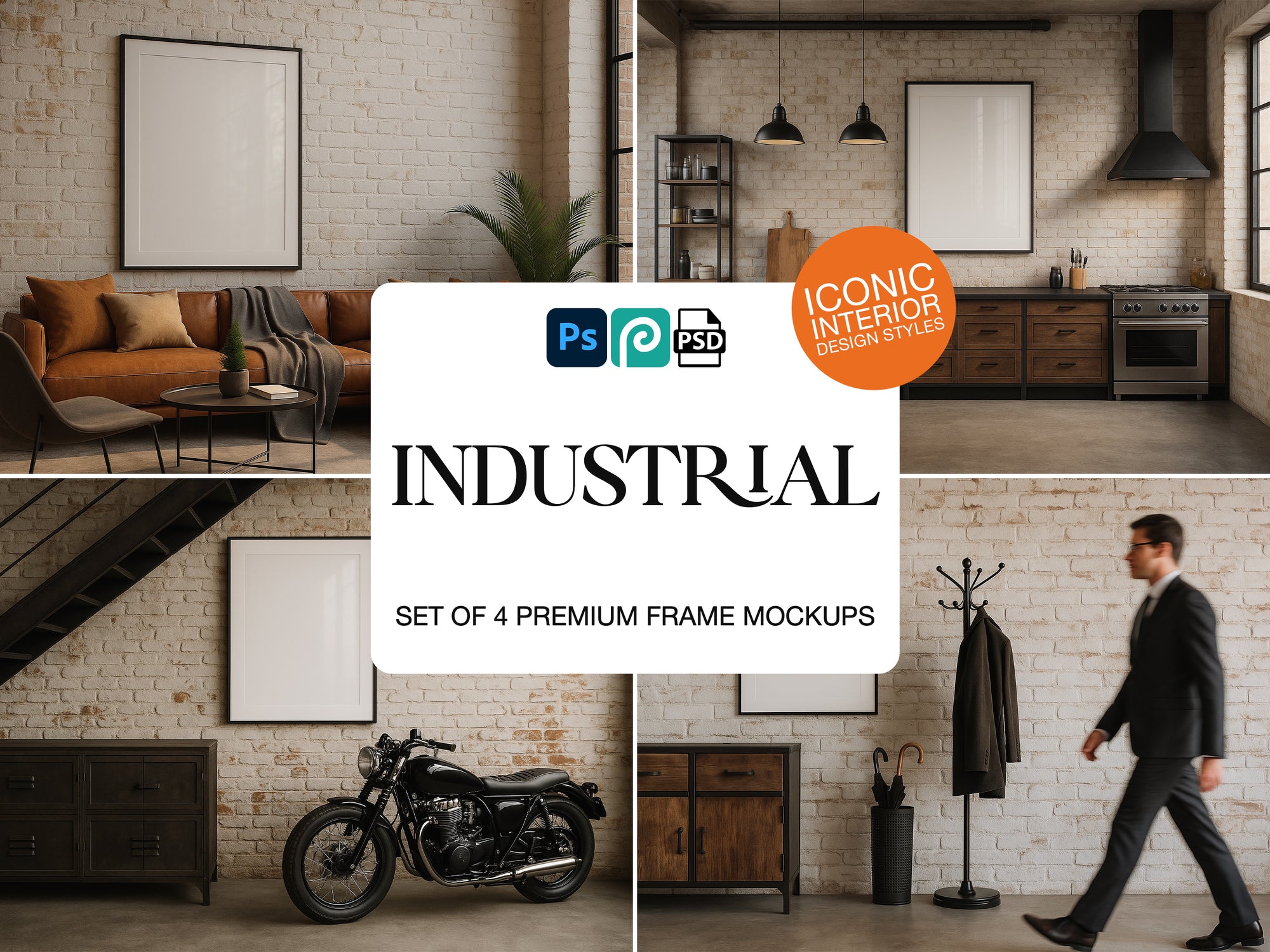 Collage of different living spaces with 'Iconic Interior' branding and 'Industrial' frame mockups.