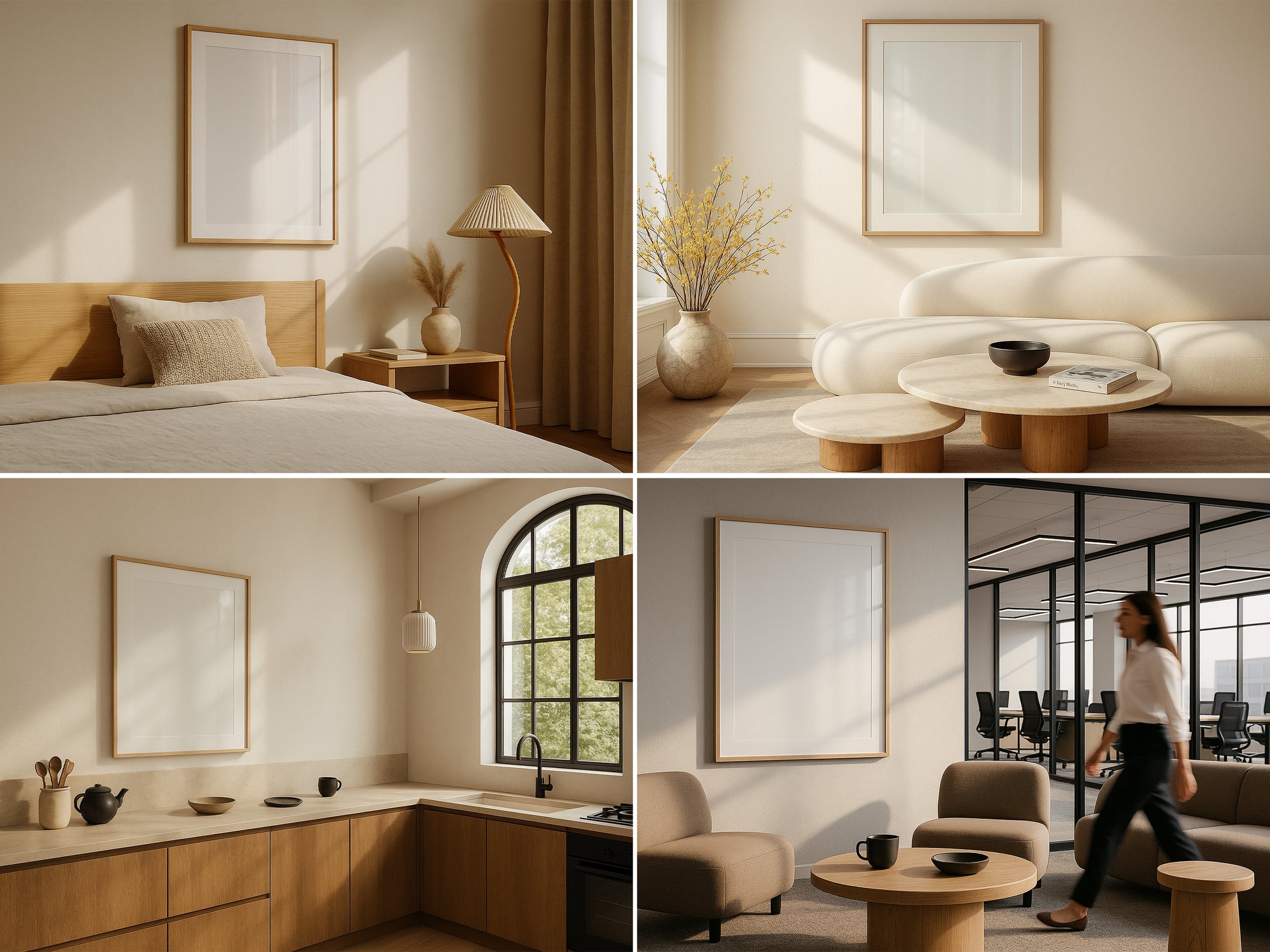 Blank frame mockups in a collage of a modern living room with neutral tones, furniture, and decor.