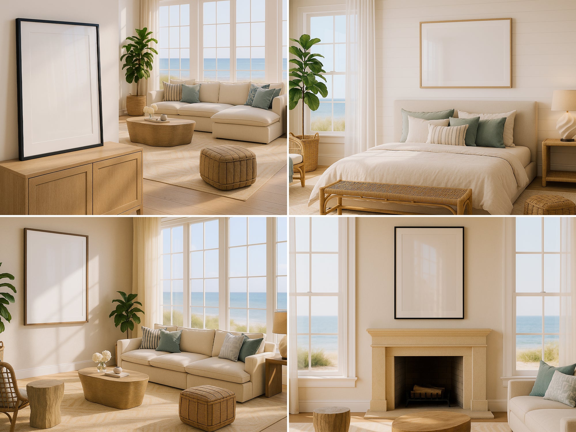 Collage of frame mockups showing living room, bedroom, and other rooms with large windows and ocean view.