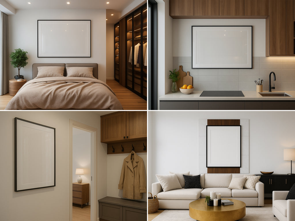 Collage of frame mockups in modern bedroom, kitchen, hallway, and living room.