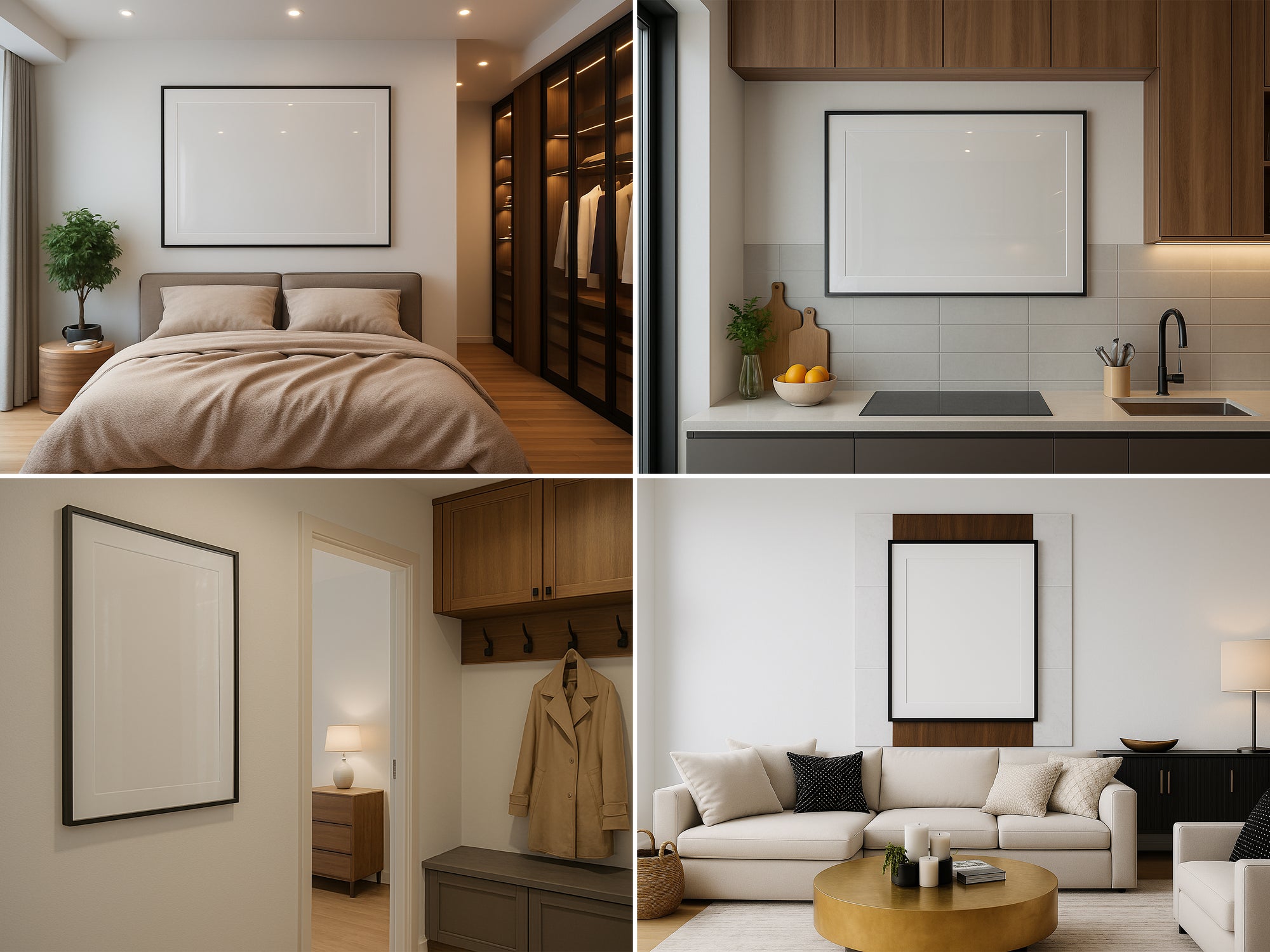 Collage of frame mockups in modern bedroom, kitchen, hallway, and living room.