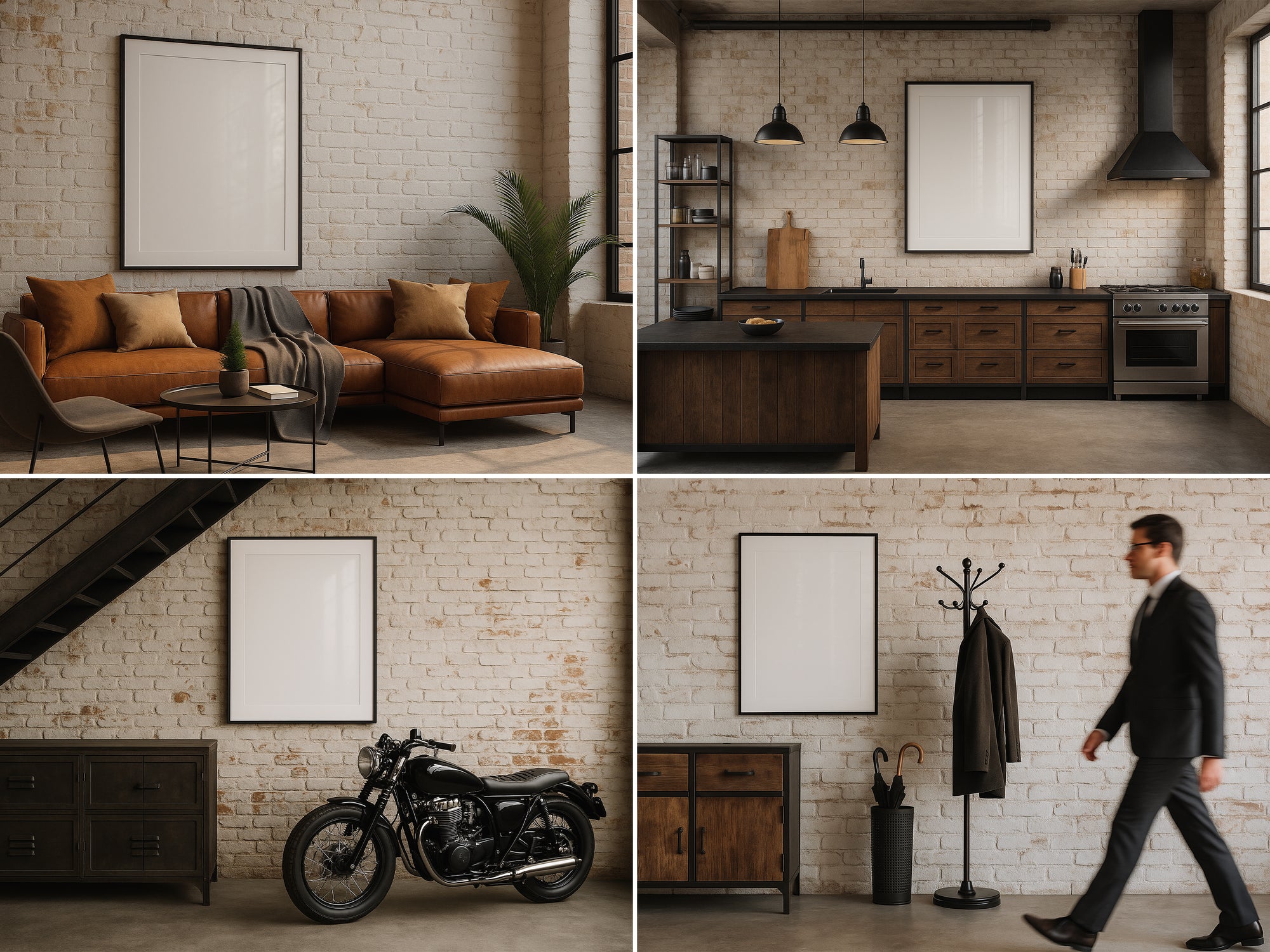 Collage of frame mockups of a living room, kitchen, staircase, motorcycle, coat rack, and person in a suit.